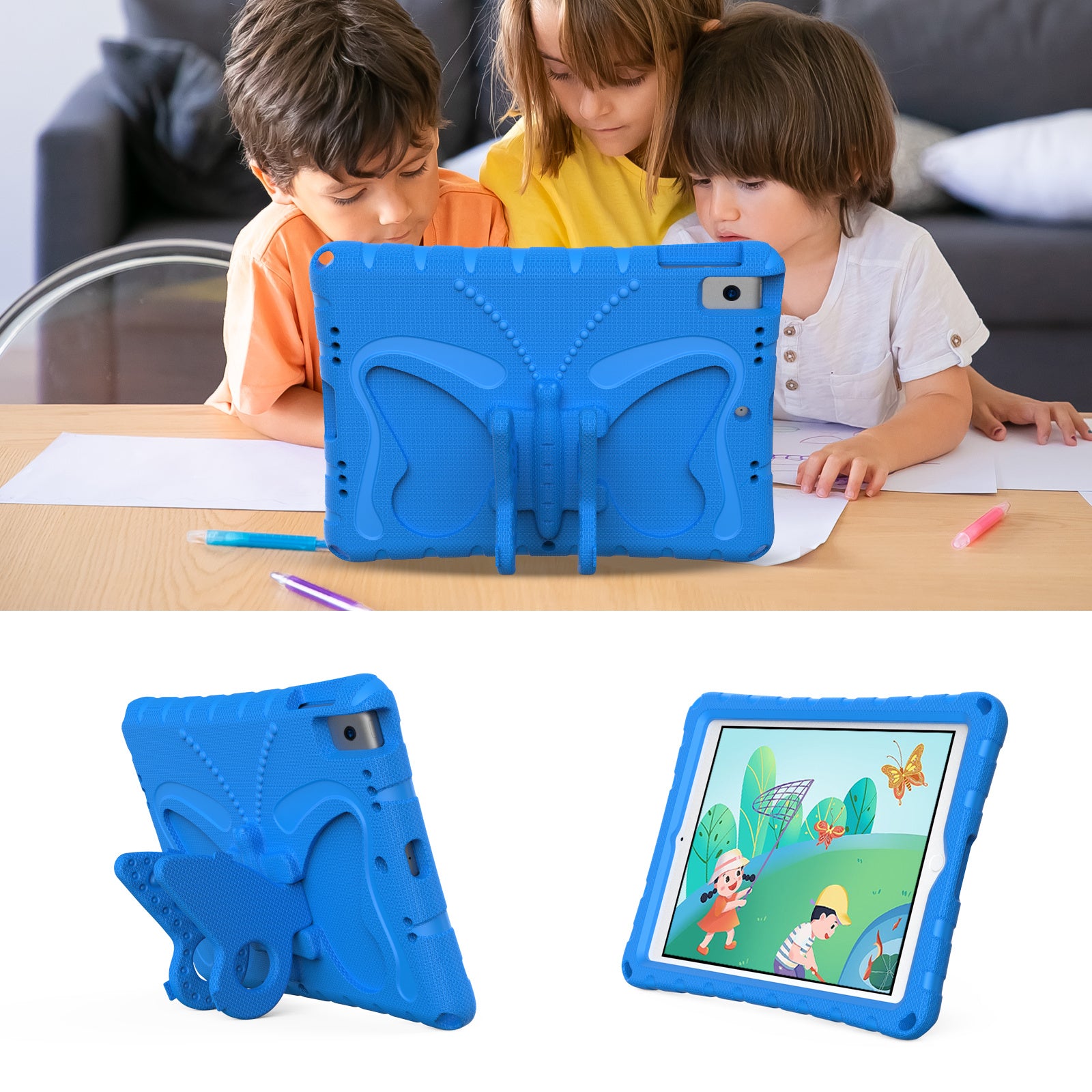 For iPad 10.2 (2021) / (2020) / (2019) / iPad Air 10.5 inch (2019) Case Butterfly Kickstand EVA Tablet Cover with Lanyard - Blue