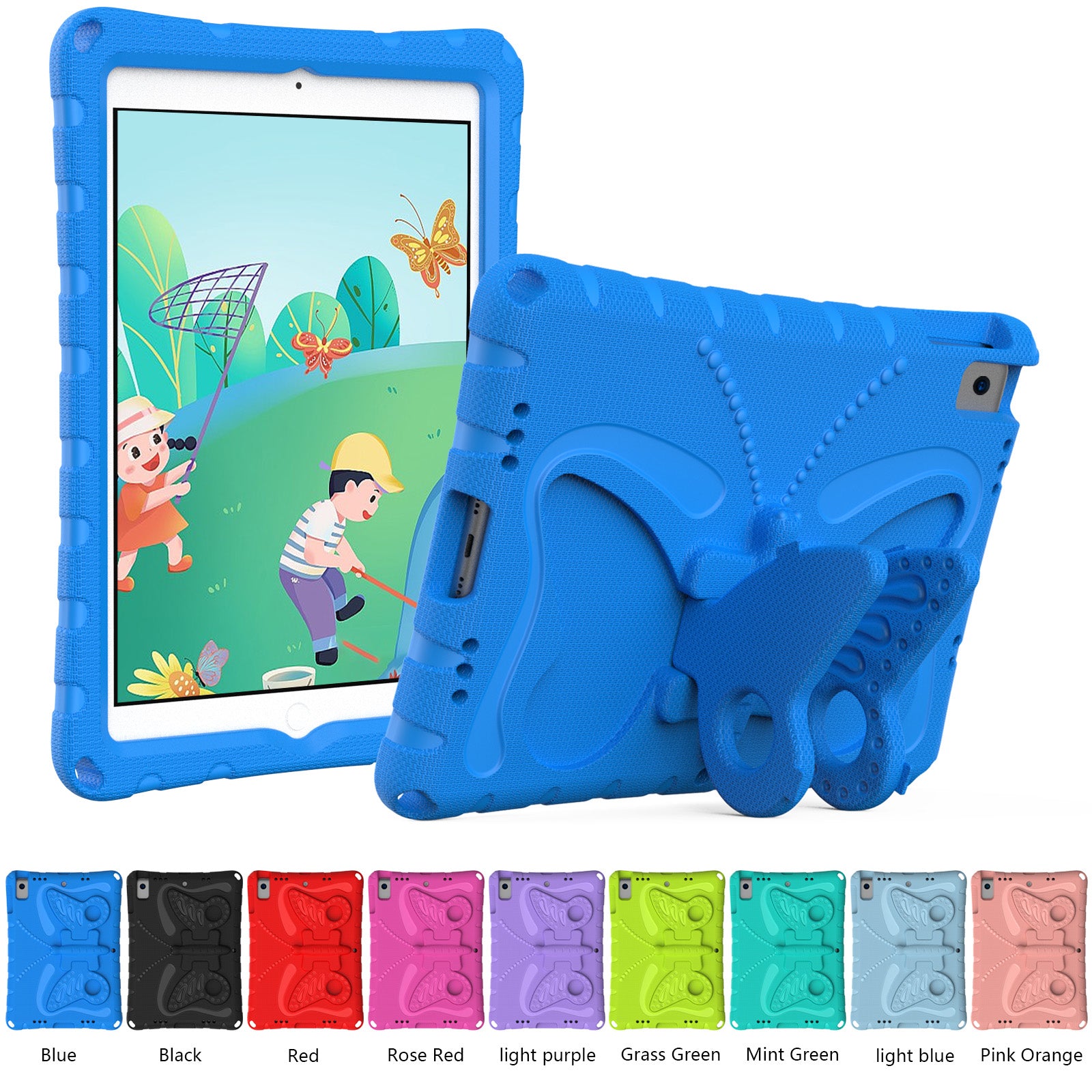 For iPad 10.2 (2021) / (2020) / (2019) / iPad Air 10.5 inch (2019) Case Butterfly Kickstand EVA Tablet Cover with Lanyard - Blue