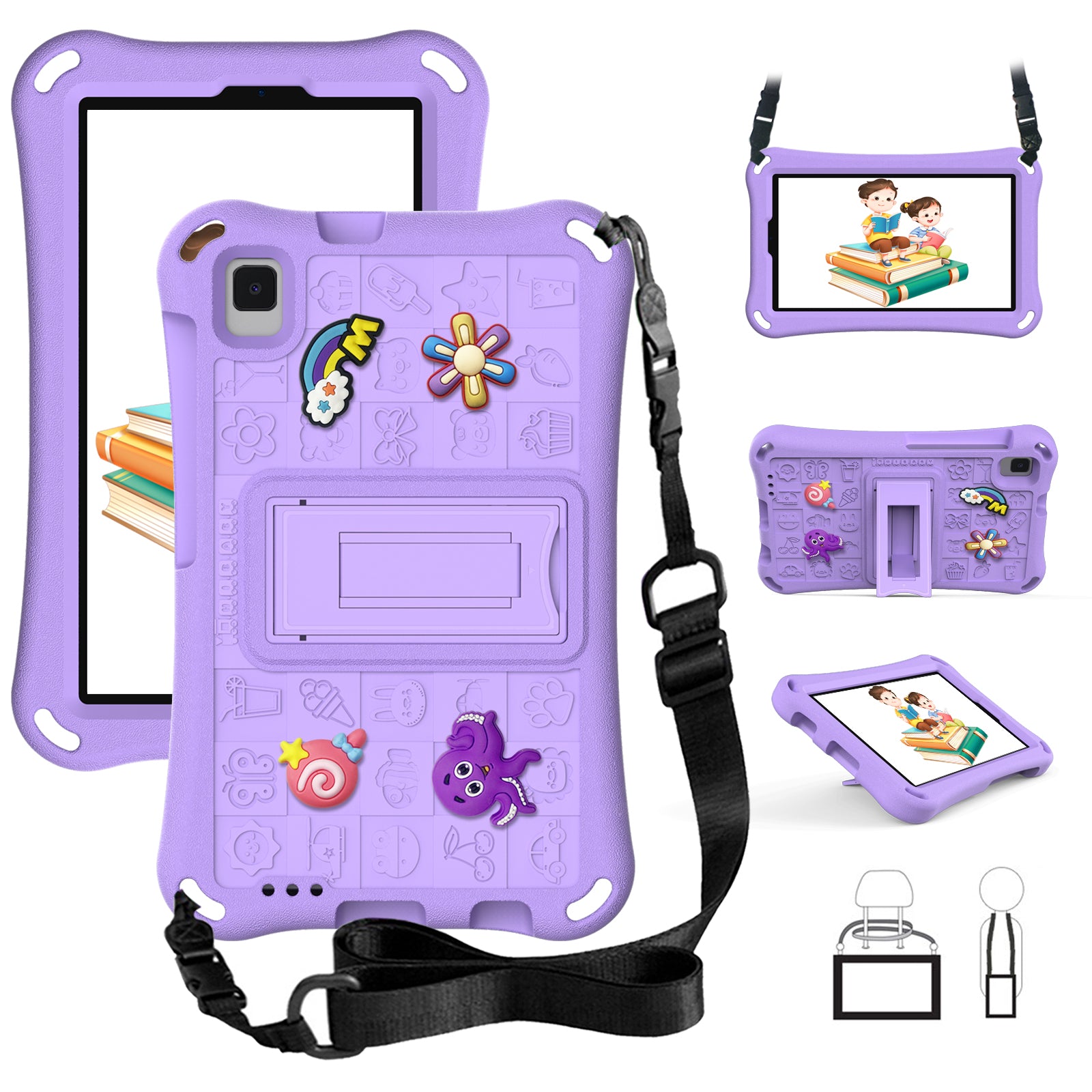 For Samsung Galaxy Tab A9 / Tab A7 Lite 8.7-inch / Tab A 8.0 (2019) Tablet Case Kickstand EVA Cover with Shoulder Strap - Light Purple