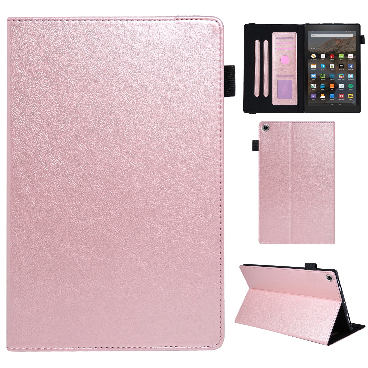 For Amazon Fire HD 10 (2015) / (2019) / (2017) Case Card Slots Shockproof Tablet Leather Flip Cover - Rose Gold