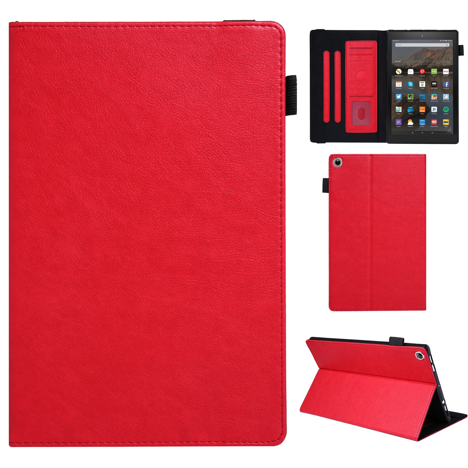 For Amazon Fire HD 10 (2015) / (2019) / (2017) Case Card Slots Shockproof Tablet Leather Flip Cover - Red