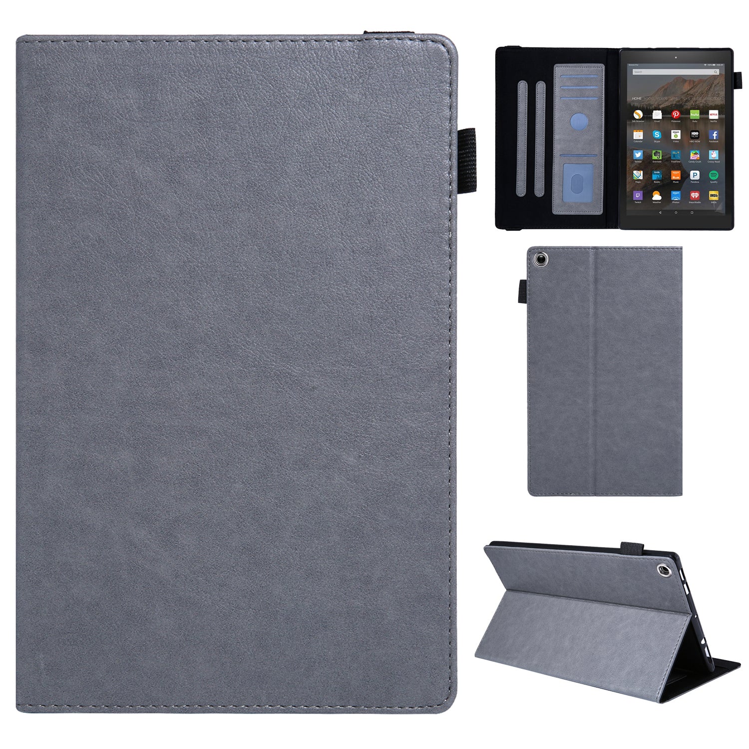 For Amazon Fire HD 10 (2015) / (2019) / (2017) Case Card Slots Shockproof Tablet Leather Flip Cover - Grey