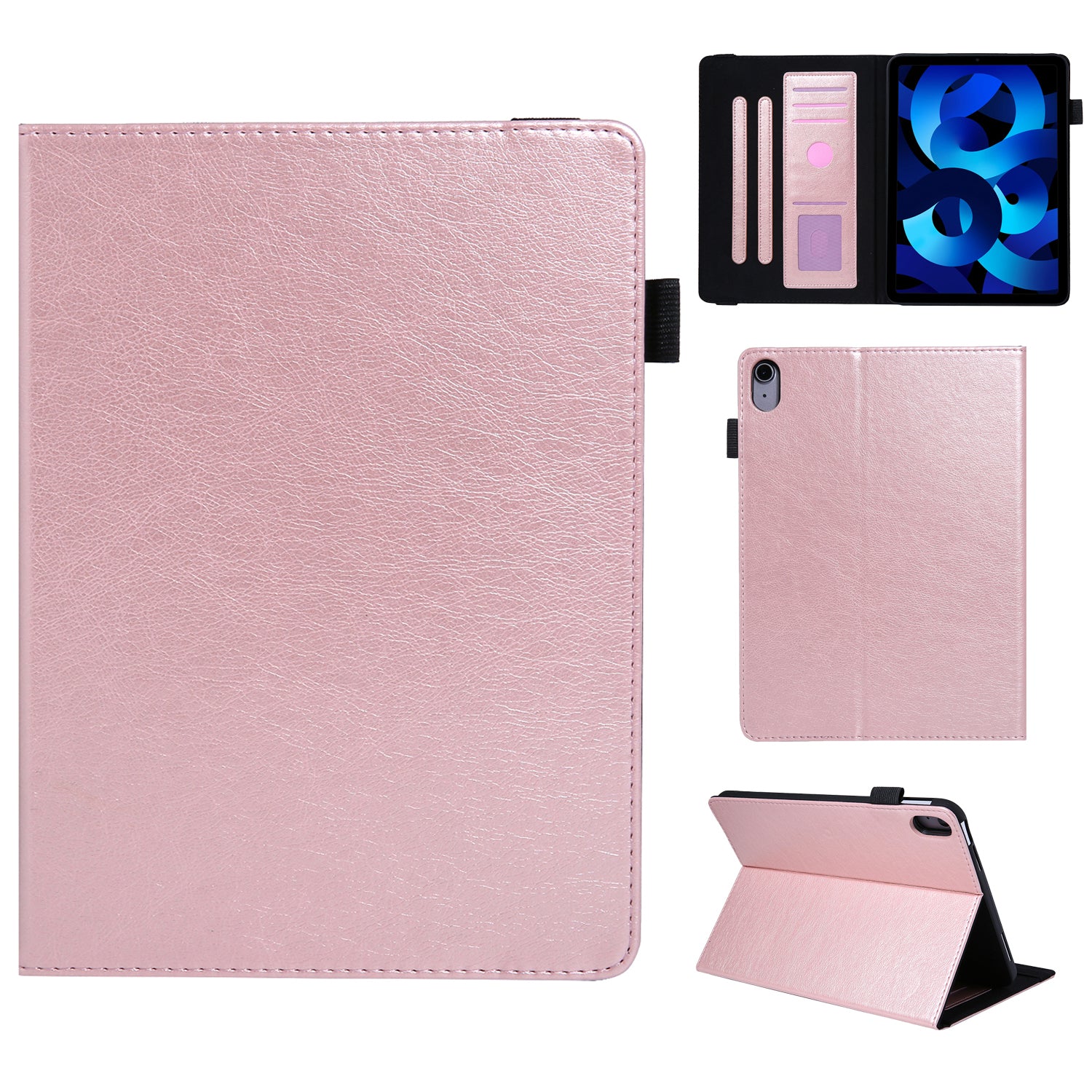 For iPad 10.9 (2022) Shockproof Case Card Slots Tablet Leather Flip Cover with Pens Holder - Rose Gold