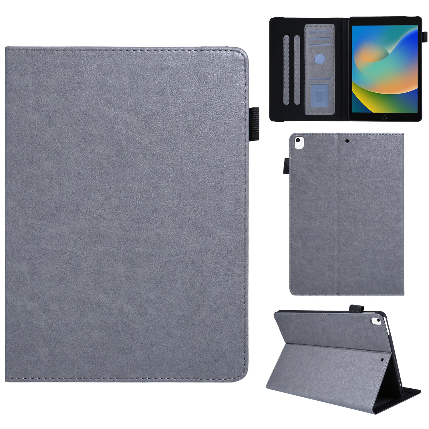 For iPad Air (2013)  /  Air 2  /  iPad 9.7-inch (2017)  /  (2018) Tablet Case Leather Card Holders Flip Stand Cover - Grey