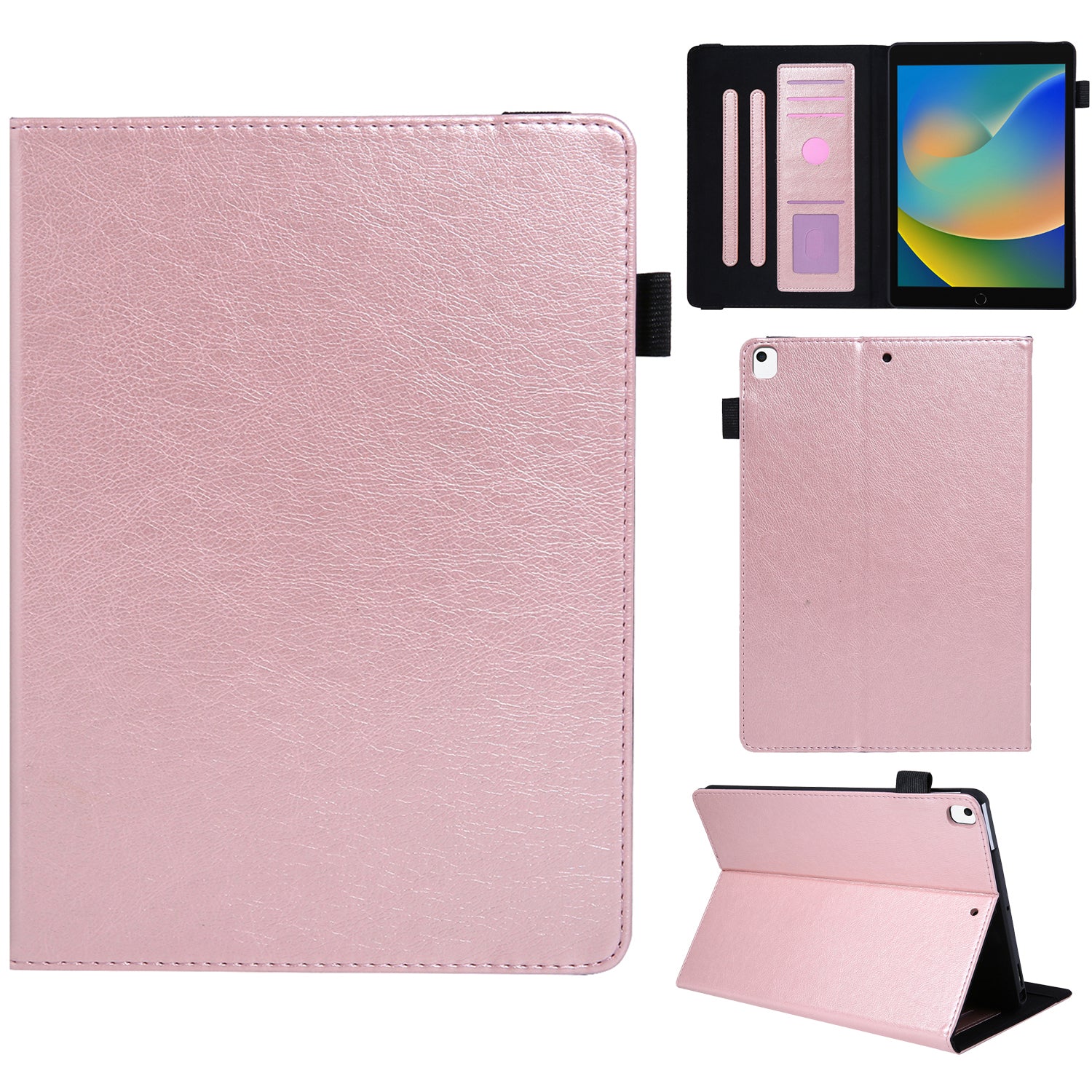 For iPad Air (2013)  /  Air 2  /  iPad 9.7-inch (2017)  /  (2018) Tablet Case Leather Card Holders Flip Stand Cover - Rose Gold