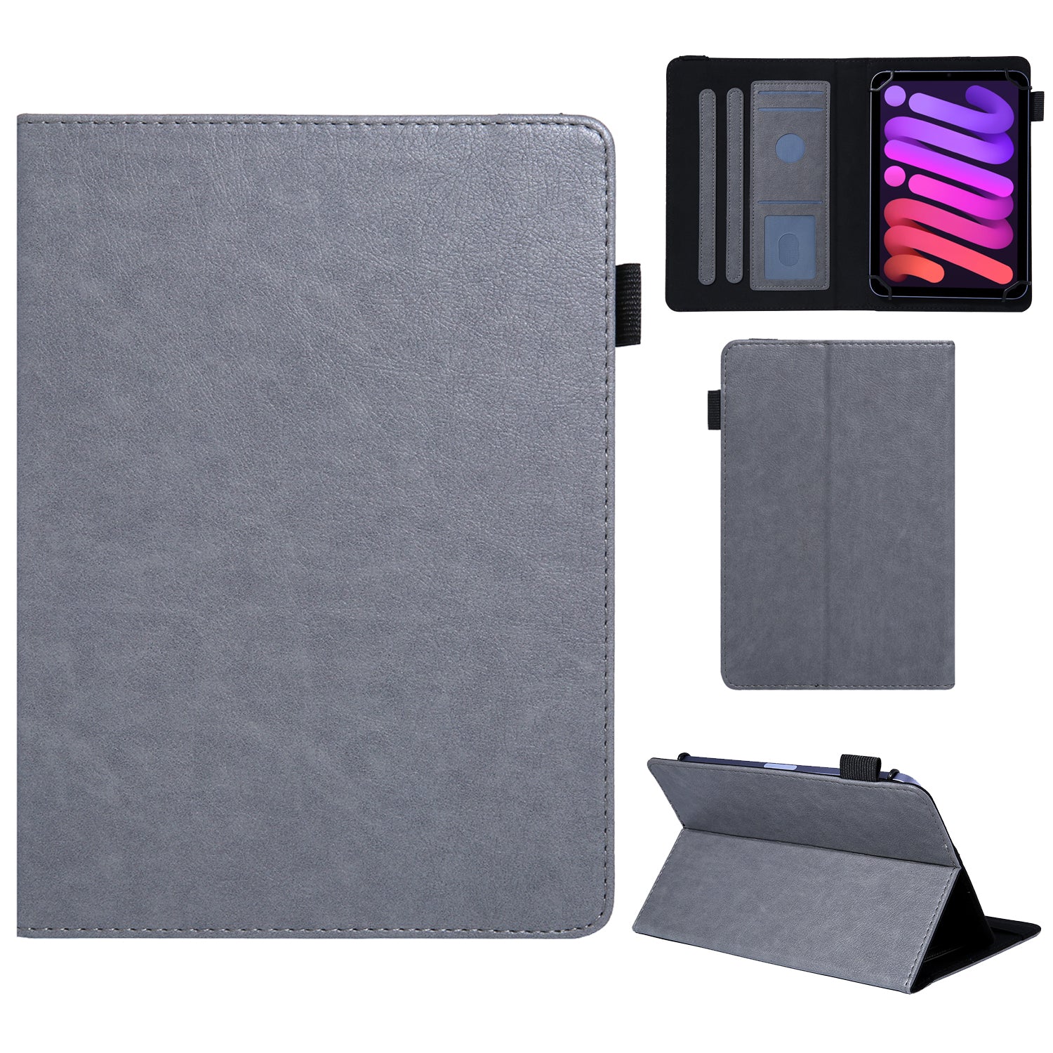 10-inch Tablet Case Card Slots PU Leather Flip Cover with Folding Stand - Grey