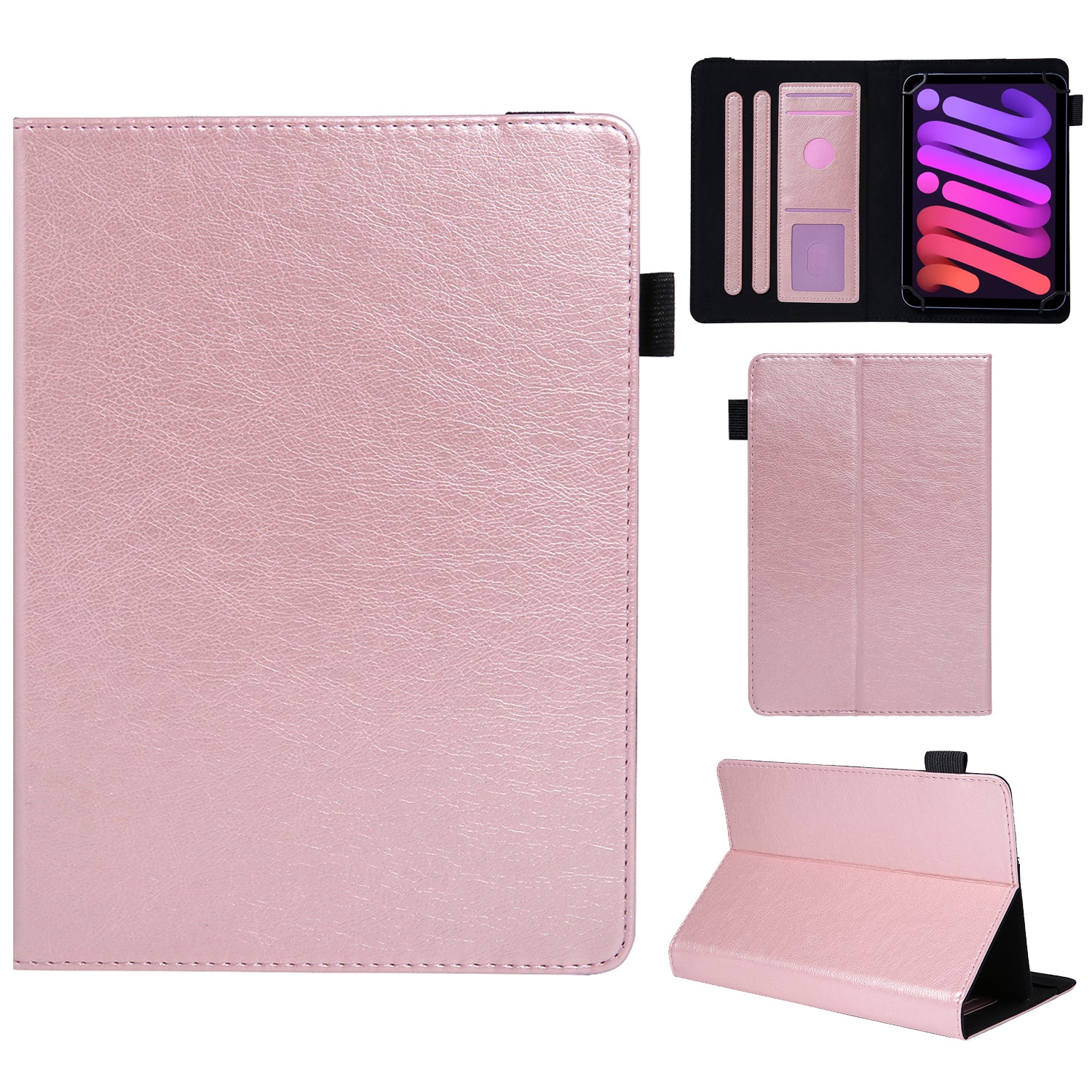 10-inch Tablet Case Card Slots PU Leather Flip Cover with Folding Stand - Rose Gold