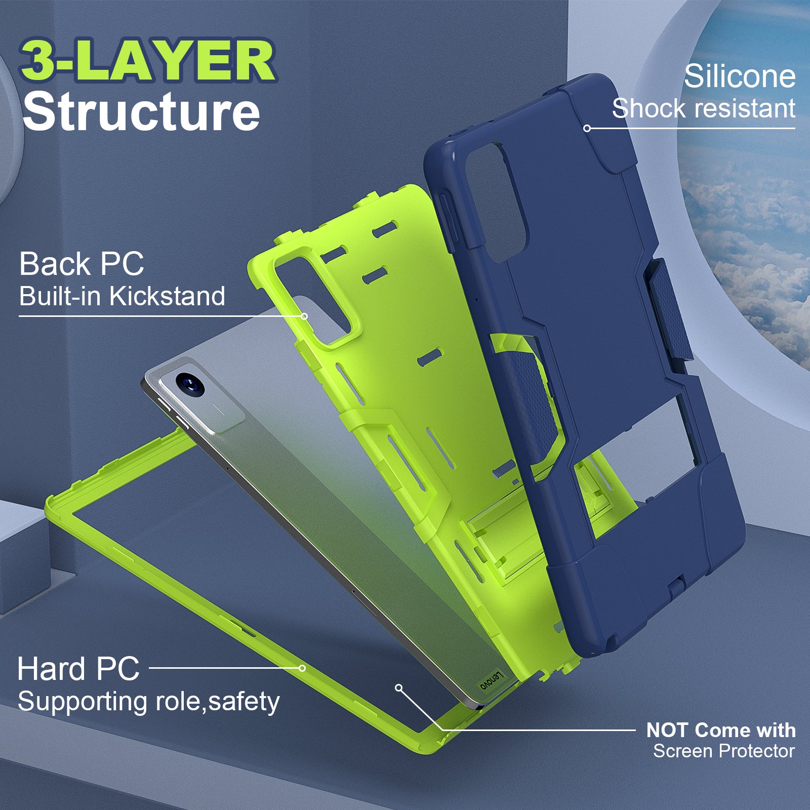 For Lenovo Tab M11 TB330FU / TB330XU Case Robot Style Silicone + PC Kickstand Tablet Cover - Navy Blue / Yellow Green