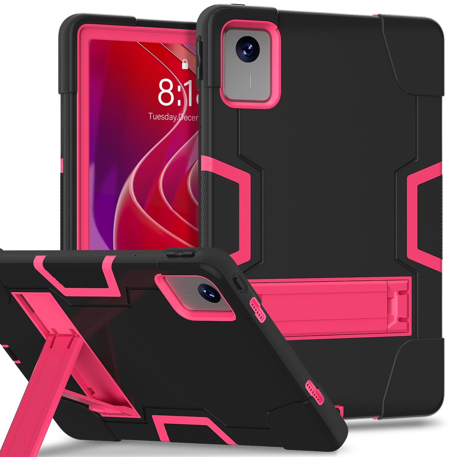 For Lenovo Tab M11 TB330FU / TB330XU Case Robot Style Silicone + PC Kickstand Tablet Cover - Black / Rose Red