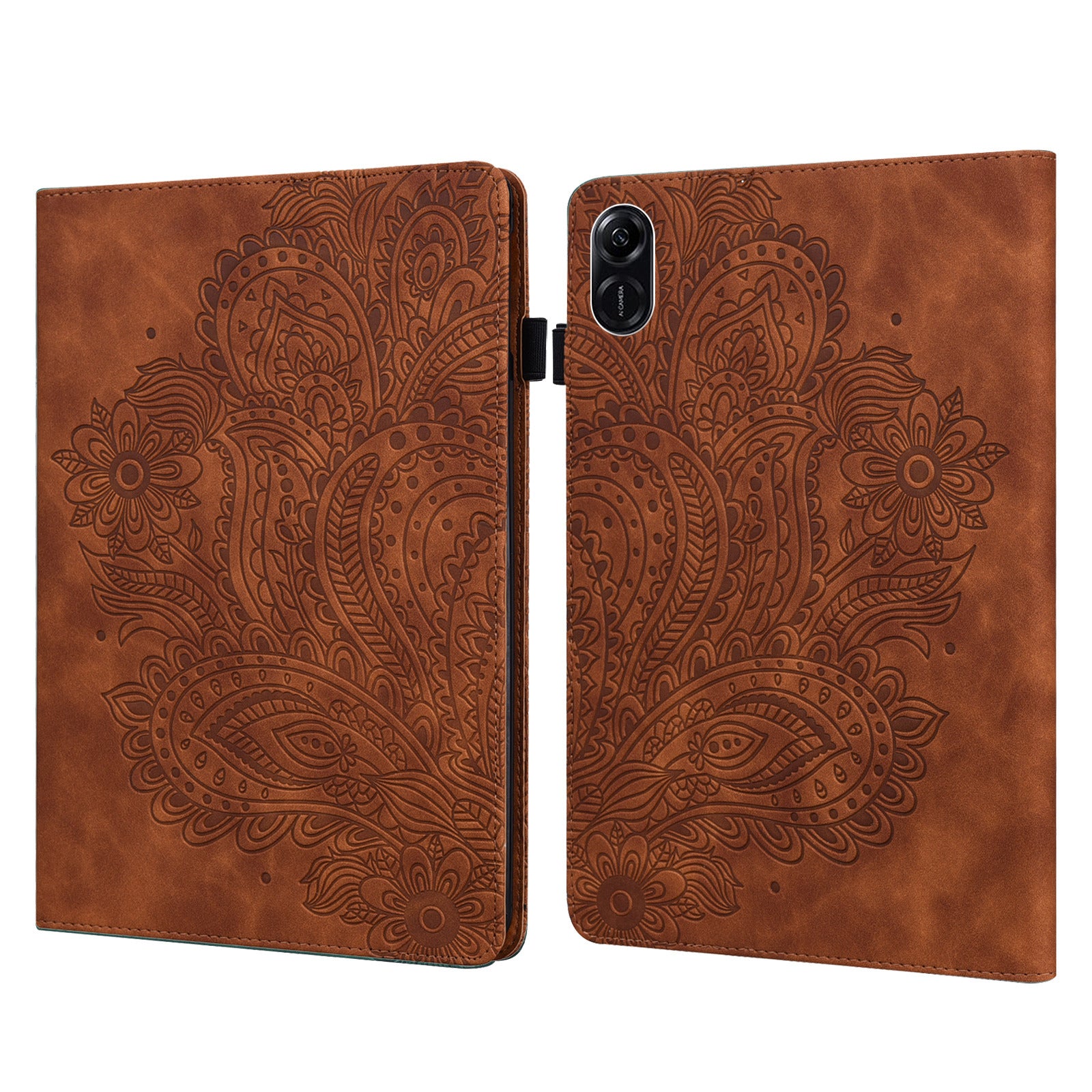 For Honor Pad X9 Case Flower Pattern PU Leather Folio Stand Tablet Cover with Card Slots - Brown