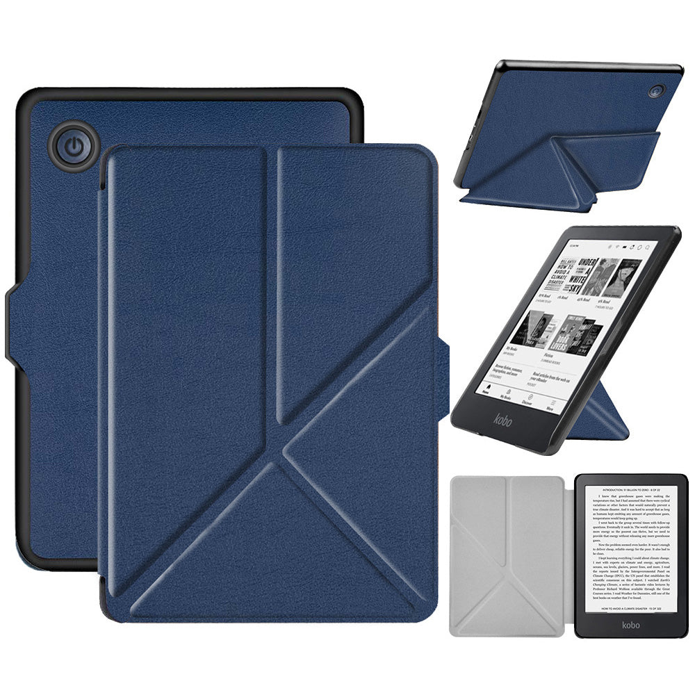 For Kobo Clara 2E Case Origami Stand Hard PC+PU Leather Tablet Cover - Dark Blue