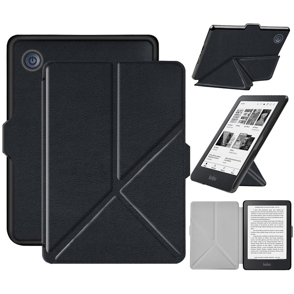For Kobo Clara 2E Case Origami Stand Hard PC+PU Leather Tablet Cover - Black