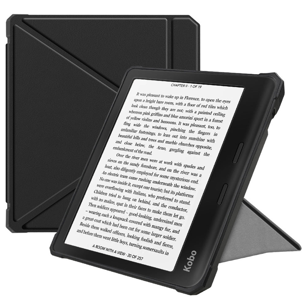 For Kobo Libra 2 N418 Case Soft TPU+PU Leather Tablet Cover with Origami Stand - Black