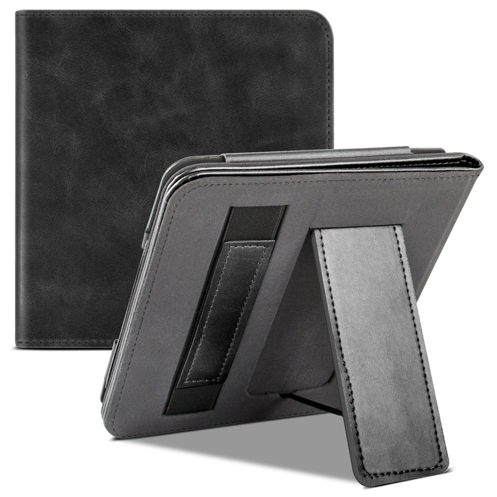 For Kobo Libra 2 N418 Tablet Case Auto Wake / Sleep PU Leather E-Reader Cover with Hand Strap, Kickstand - Black