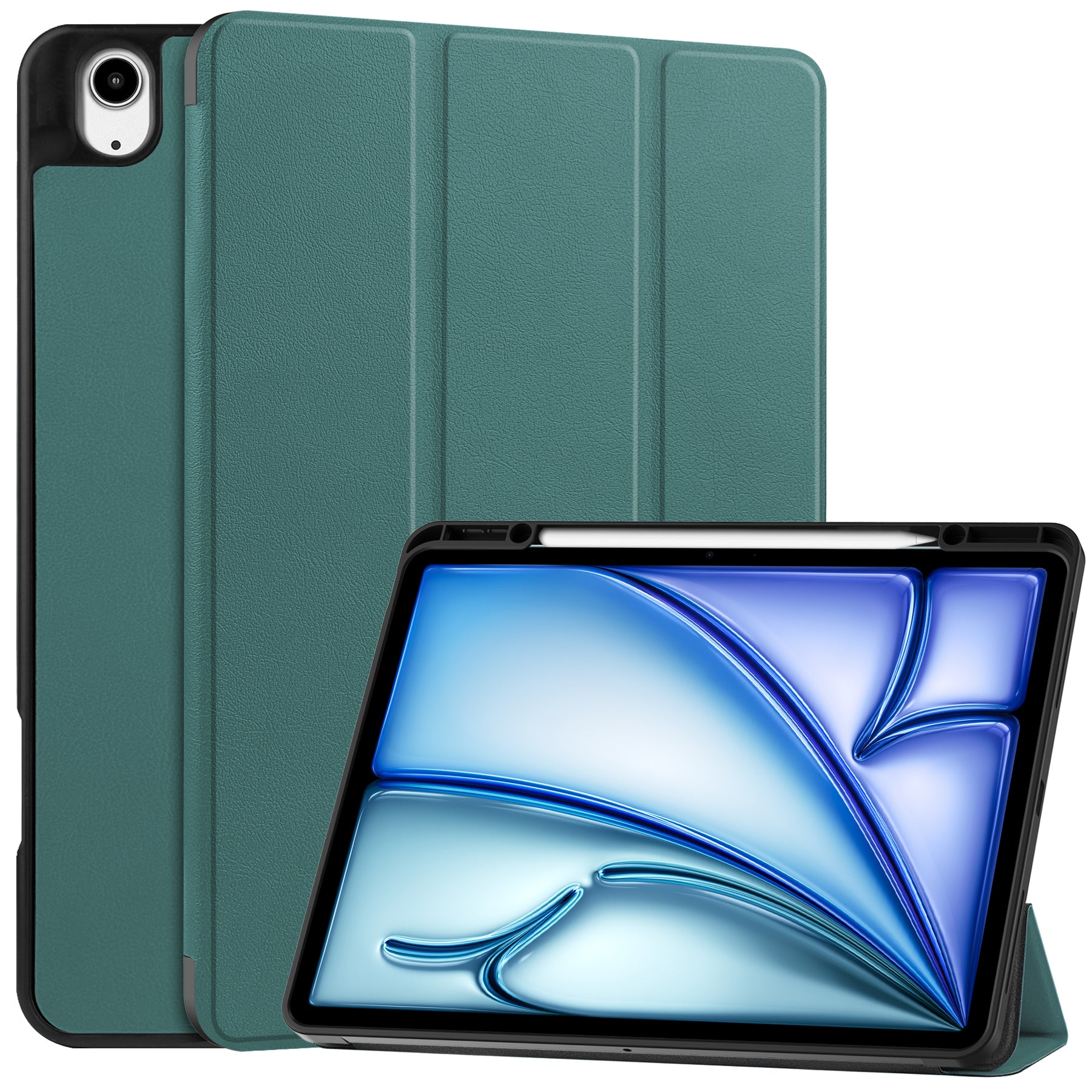 For iPad Air 13 (2024) Leather Case Tri-fold Stand Tablet Cover with Pen Slot - Blackish Green