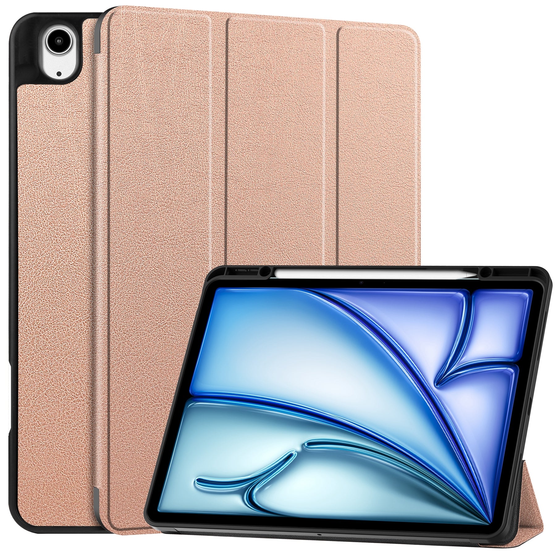 For iPad Air 13 (2024) Leather Case Tri-fold Stand Tablet Cover with Pen Slot - Rose Gold