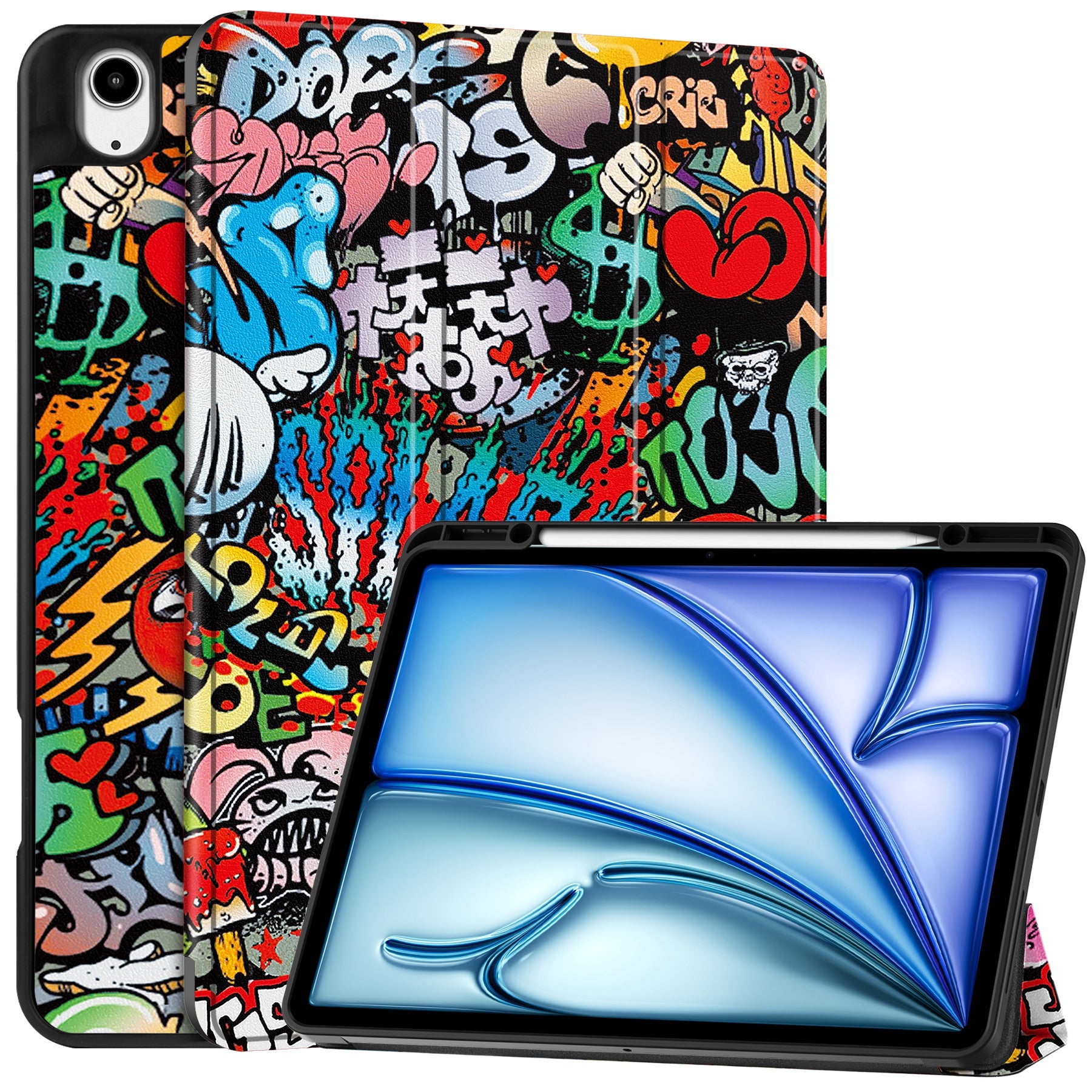 For iPad Air 13 (2024) Case Pattern Printing Tri-fold Stand Leather Cover with Pen Slot - Graffiti