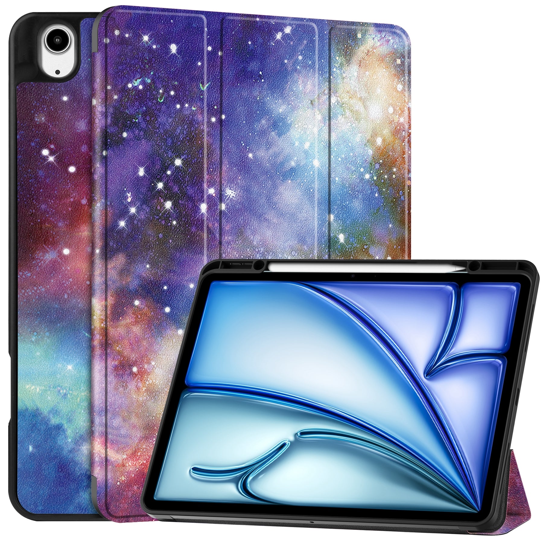 For iPad Air 13 (2024) Case Pattern Printing Tri-fold Stand Leather Cover with Pen Slot - Galaxy