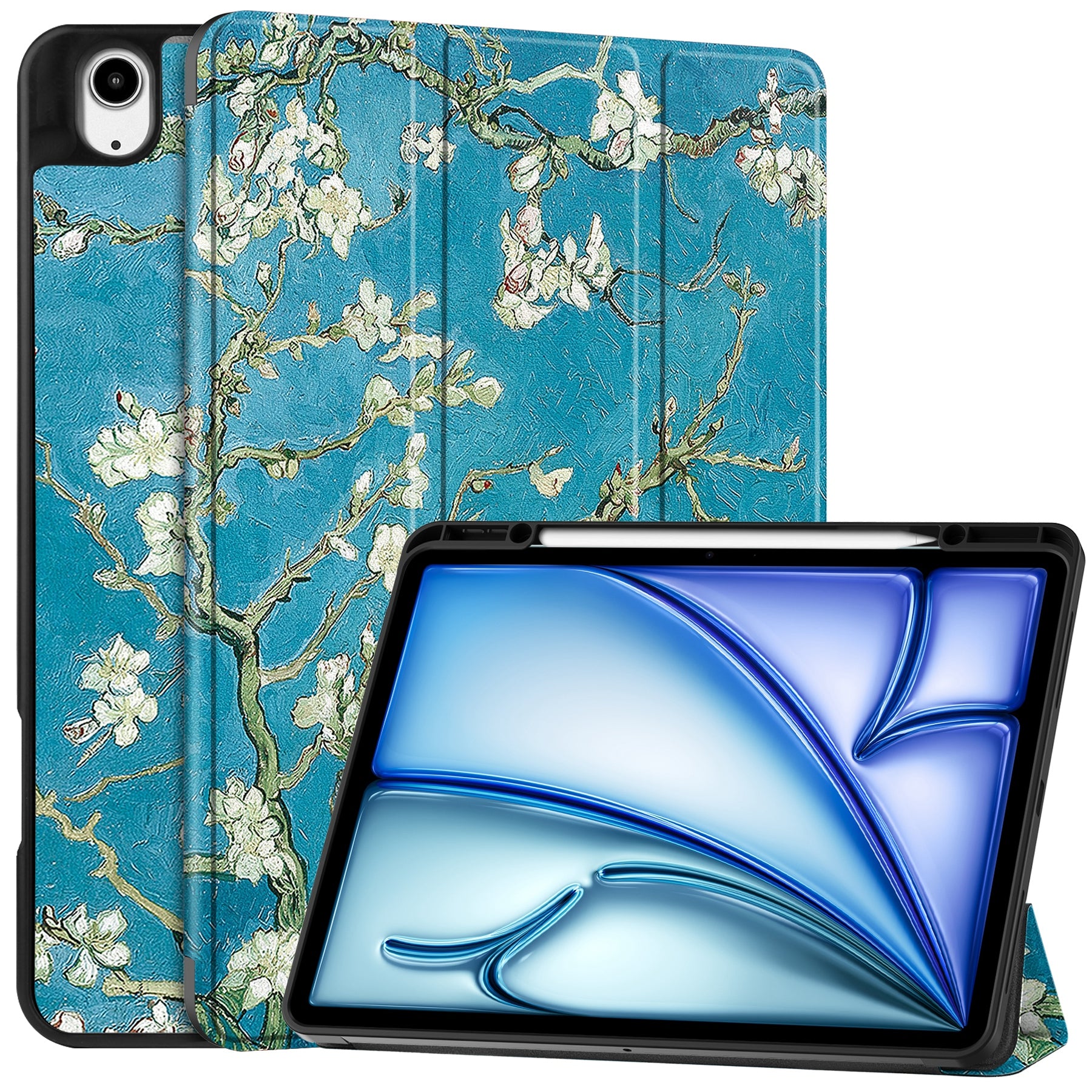 For iPad Air 13 (2024) Case Pattern Printing Tri-fold Stand Leather Cover with Pen Slot - Apricot Blossom