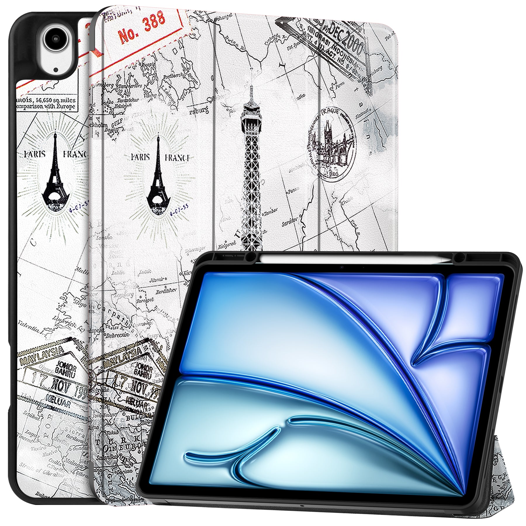 For iPad Air 13 (2024) Case Pattern Printing Tri-fold Stand Leather Cover with Pen Slot - Vintage Tower