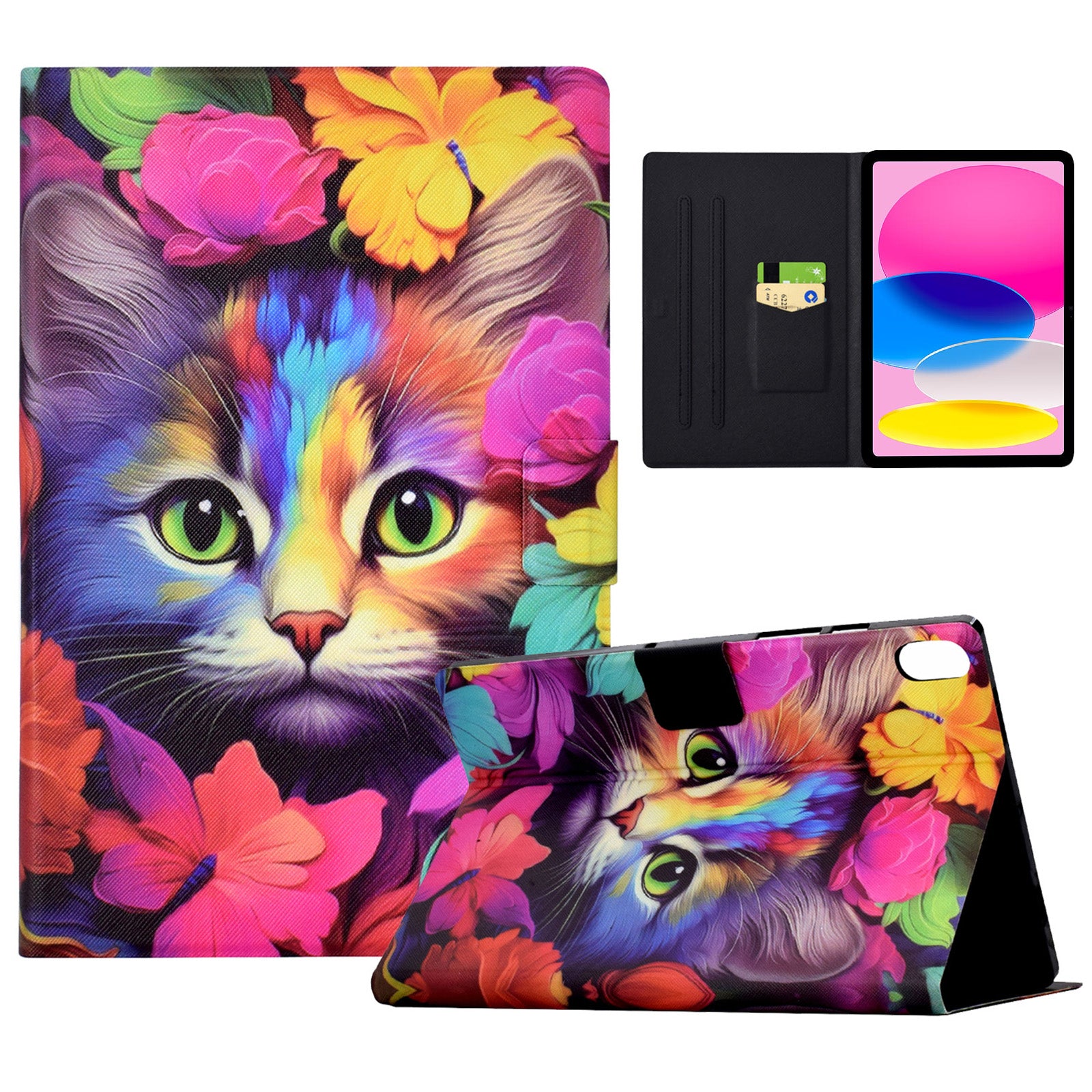 For iPad 10.9 (2022) Case with Card Slots Pattern Printed Bump Proof Leather Tablet Cover - Rose Cat