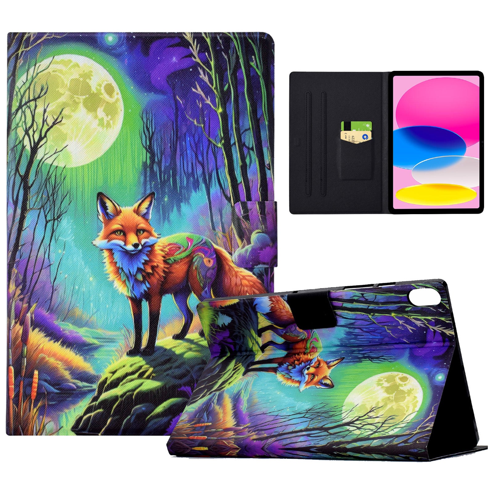 For iPad 10.9 (2022) Case with Card Slots Pattern Printed Bump Proof Leather Tablet Cover - Moonlight Fox