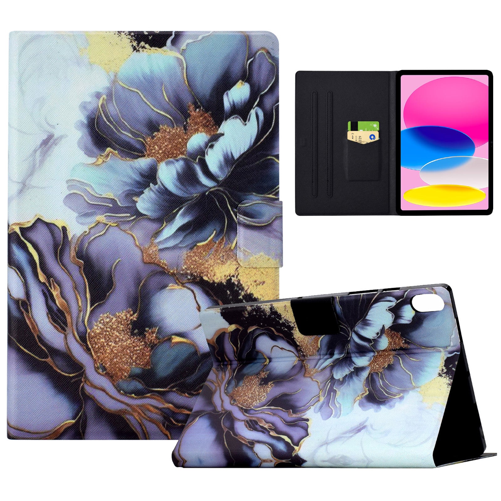 For iPad 10.9 (2022) Case with Card Slots Pattern Printed Bump Proof Leather Tablet Cover - Peony Flower