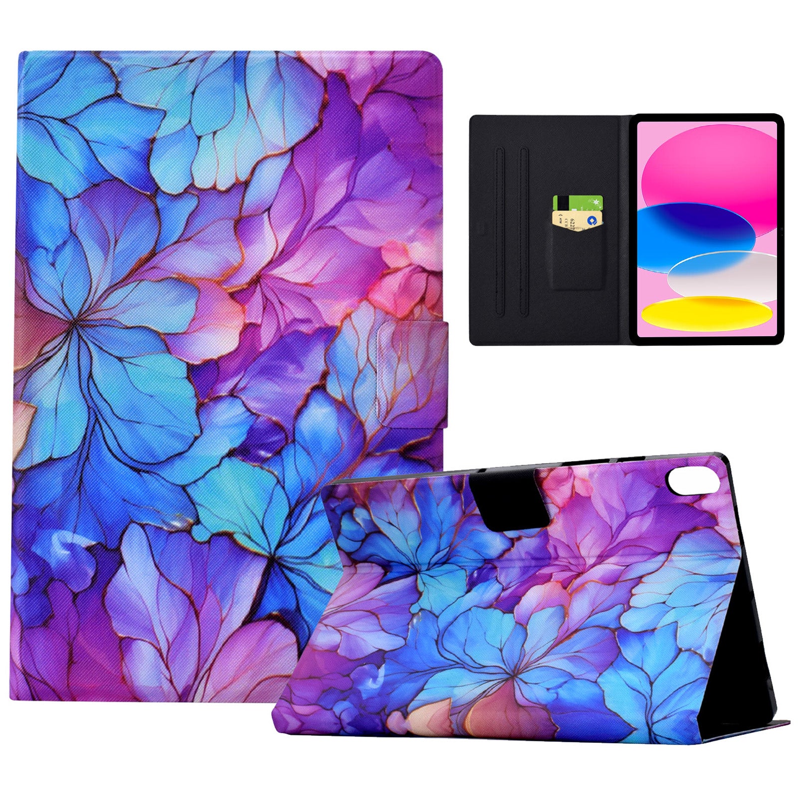 For iPad 10.9 (2022) Case with Card Slots Pattern Printed Bump Proof Leather Tablet Cover - Petal