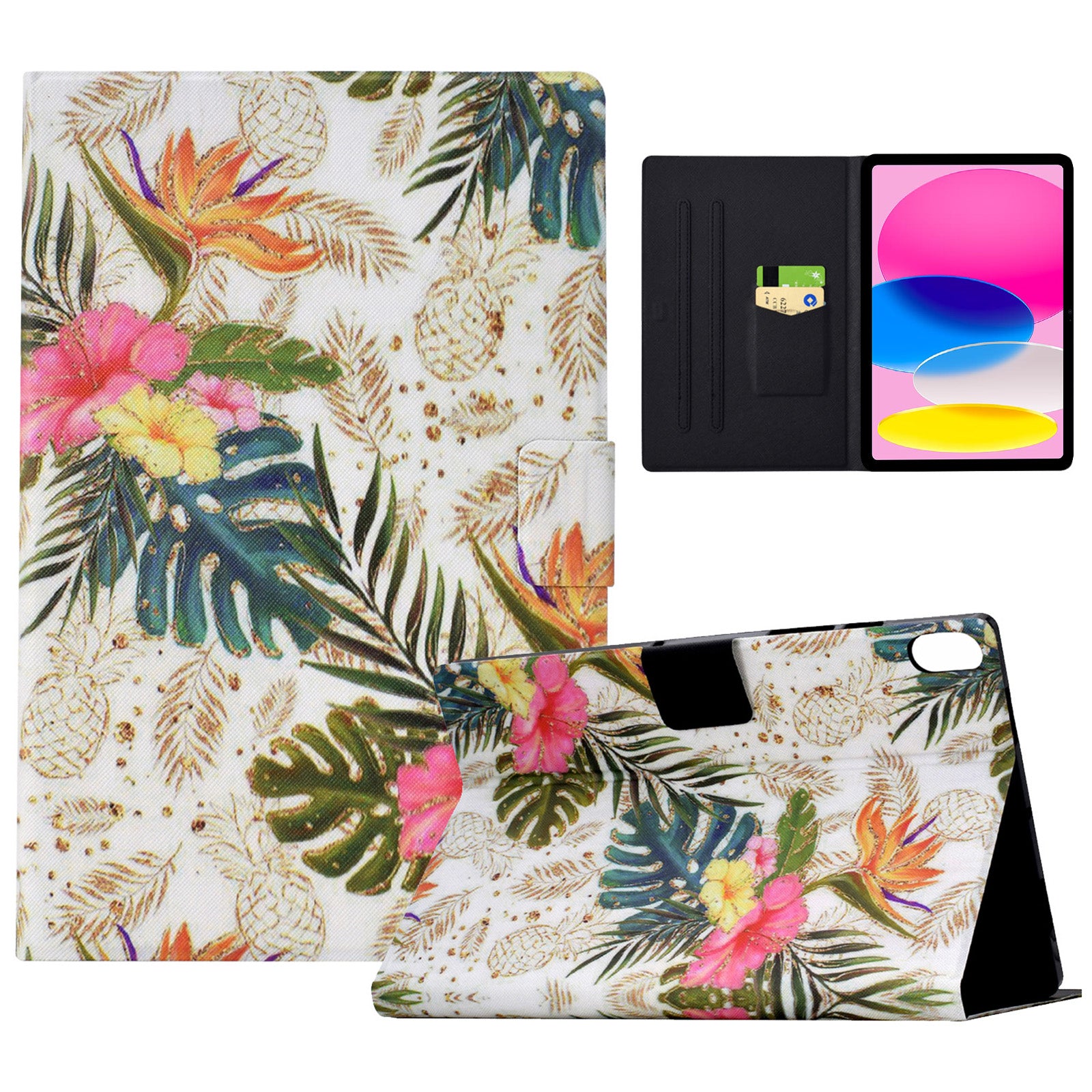 For iPad 10.9 (2022) Case with Card Slots Pattern Printed Bump Proof Leather Tablet Cover - Golden Pineapple