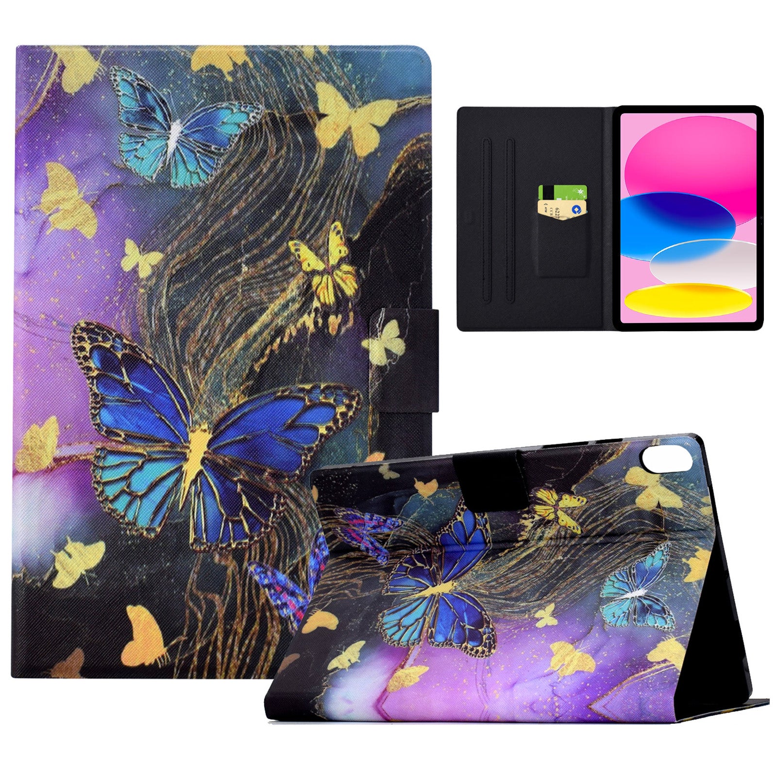 For iPad 10.9 (2022) Case with Card Slots Pattern Printed Bump Proof Leather Tablet Cover - Golden Butterflies