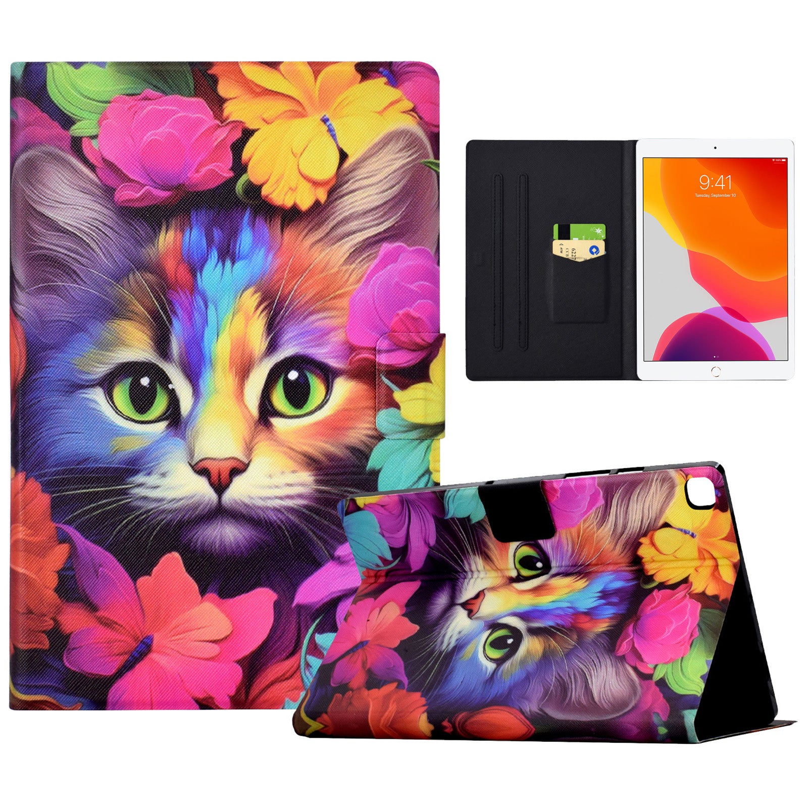 For iPad 10.2 (2020) / (2019) / iPad Air 10.5 inch (2019) Leather Case Pattern Print Card Slots Tablet Cover - Rose Cat