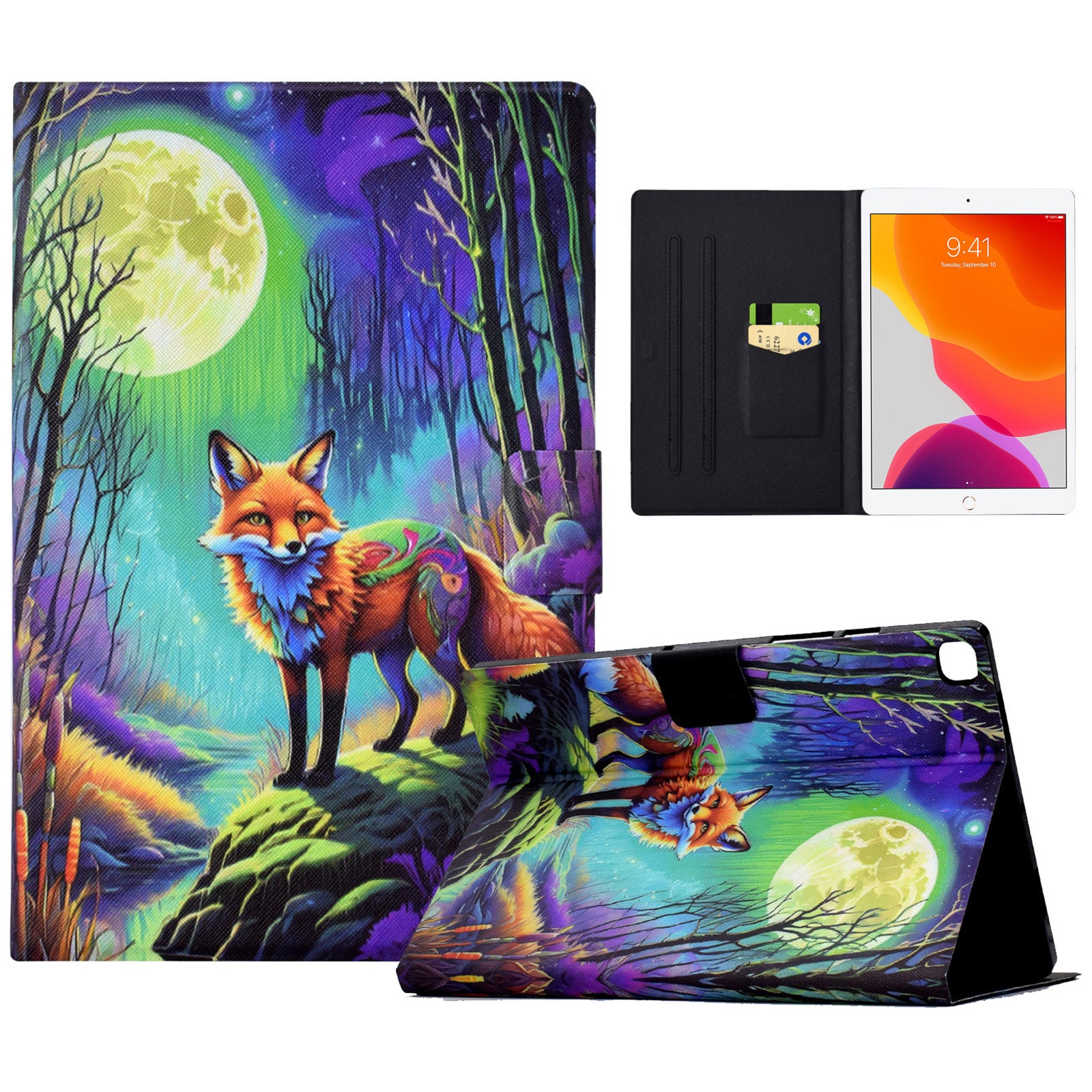 For iPad 10.2 (2020) / (2019) / iPad Air 10.5 inch (2019) Leather Case Pattern Print Card Slots Tablet Cover - Moonlight Fox