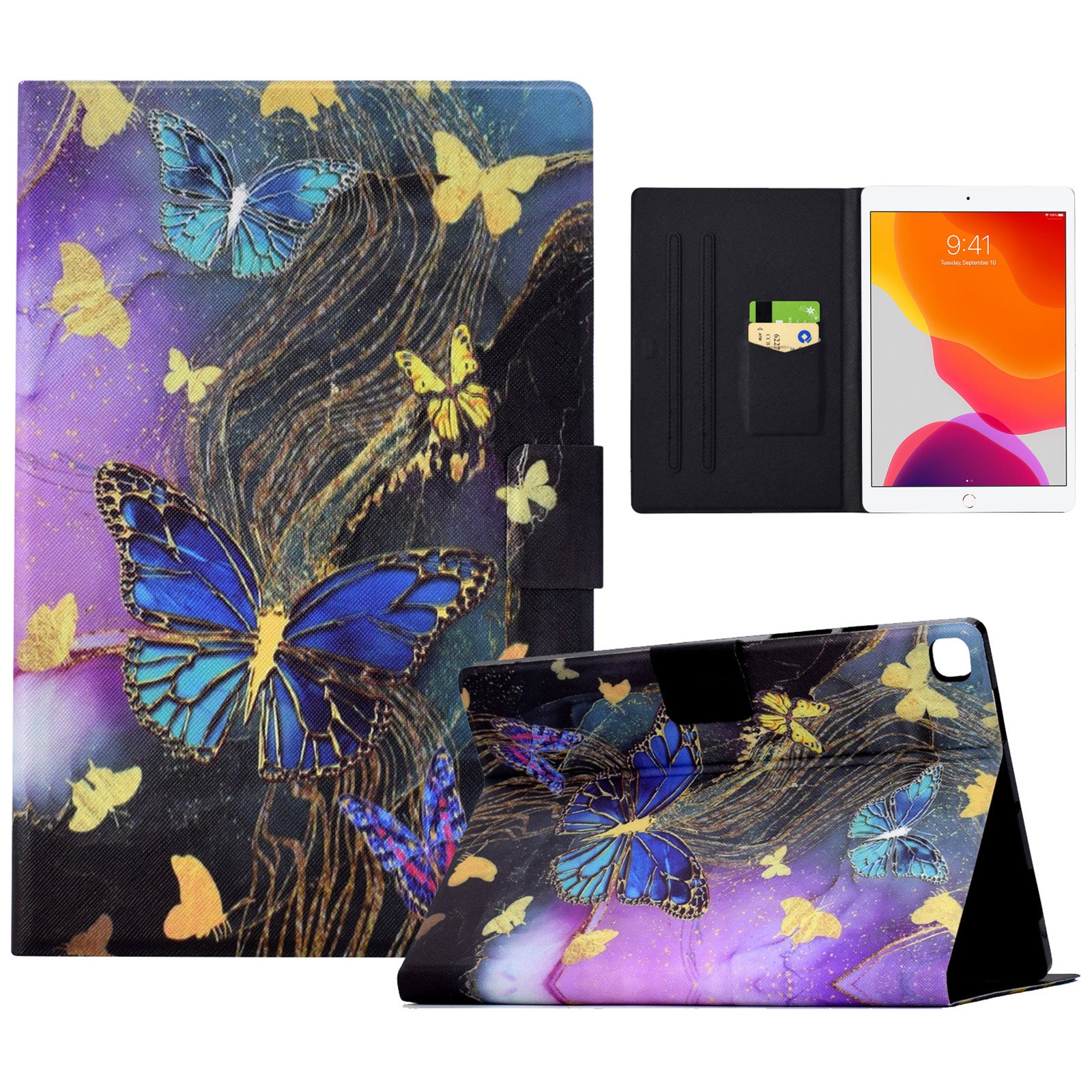 For iPad 10.2 (2020) / (2019) / iPad Air 10.5 inch (2019) Leather Case Pattern Print Card Slots Tablet Cover - Golden Butterflies