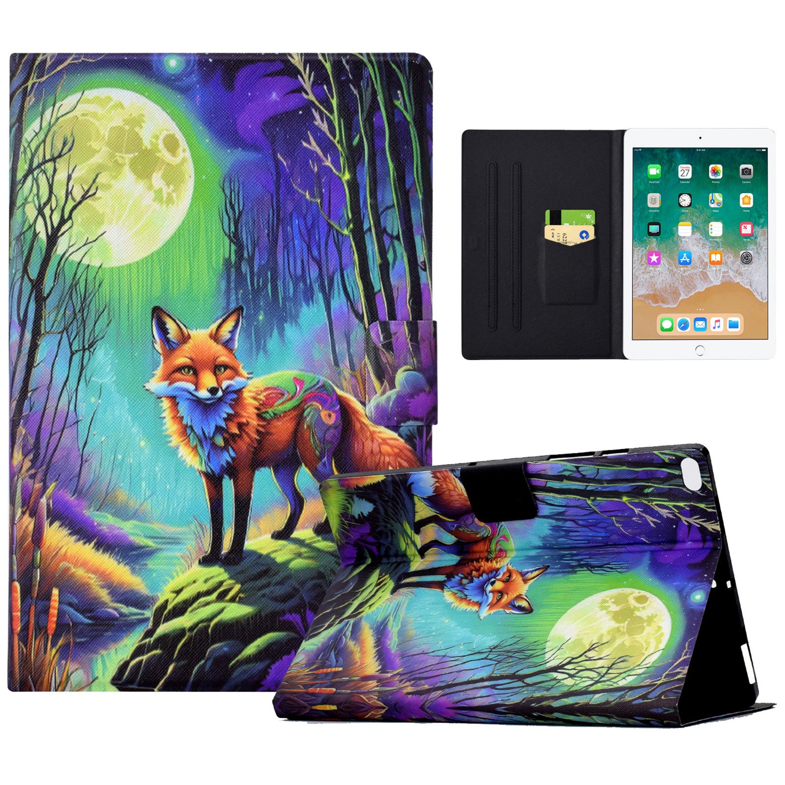 For iPad Air (2013) / iPad Air 2 / iPad 9.7-inch (2017) / (2018) Case PU Leather Pattern Folio Stand Protective Shell Cover - Moonlight Fox