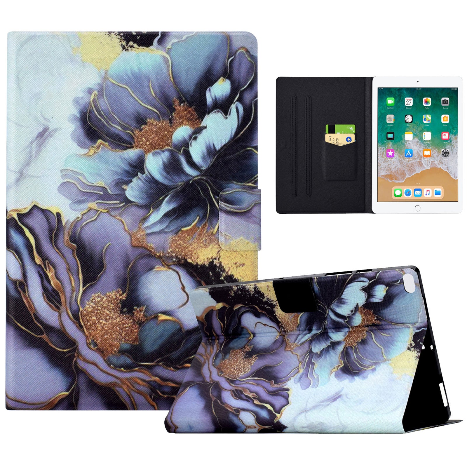 For iPad Air (2013) / iPad Air 2 / iPad 9.7-inch (2017) / (2018) Case PU Leather Pattern Folio Stand Protective Shell Cover - Peony Flower