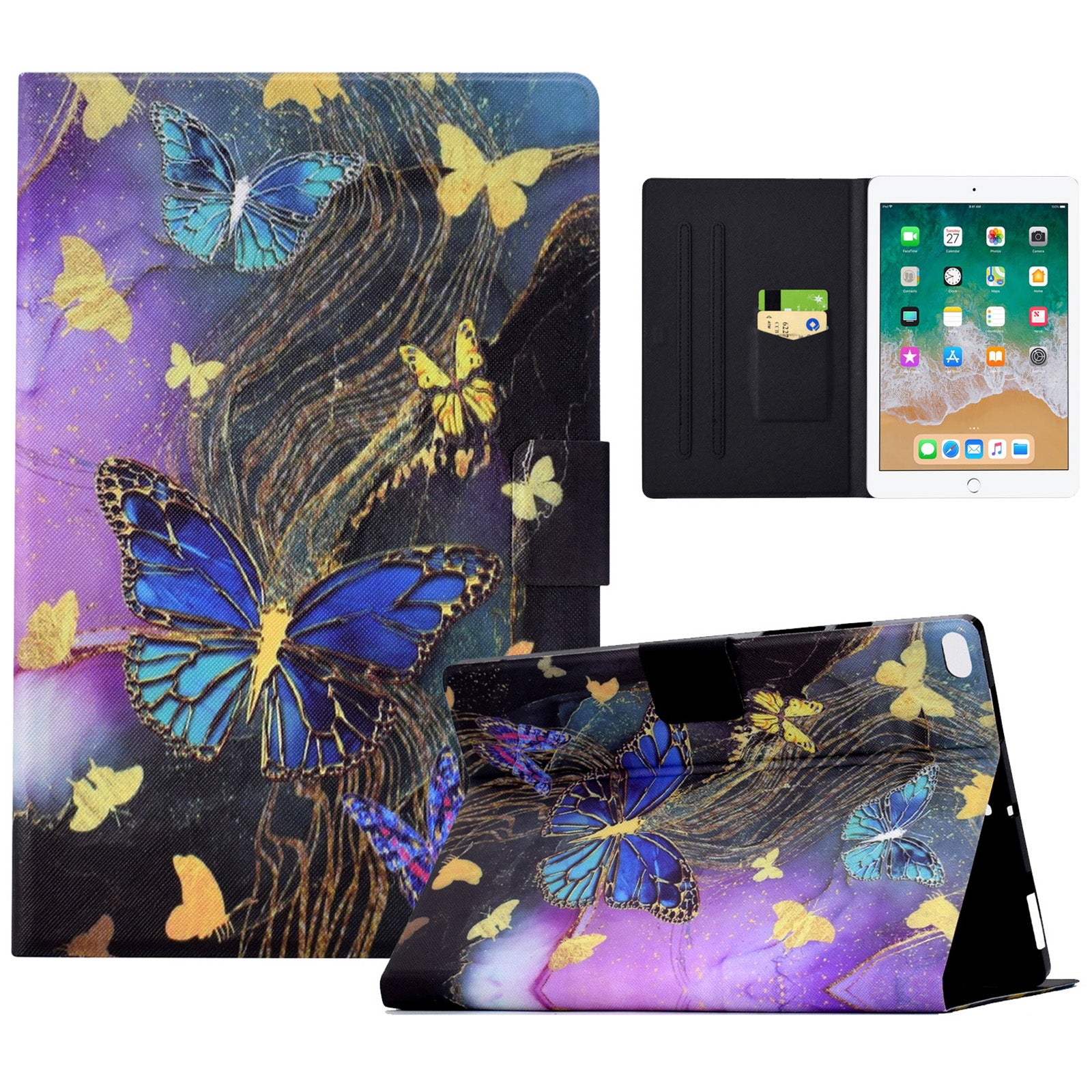 For iPad Air (2013) / iPad Air 2 / iPad 9.7-inch (2017) / (2018) Case PU Leather Pattern Folio Stand Protective Shell Cover - Golden Butterflies