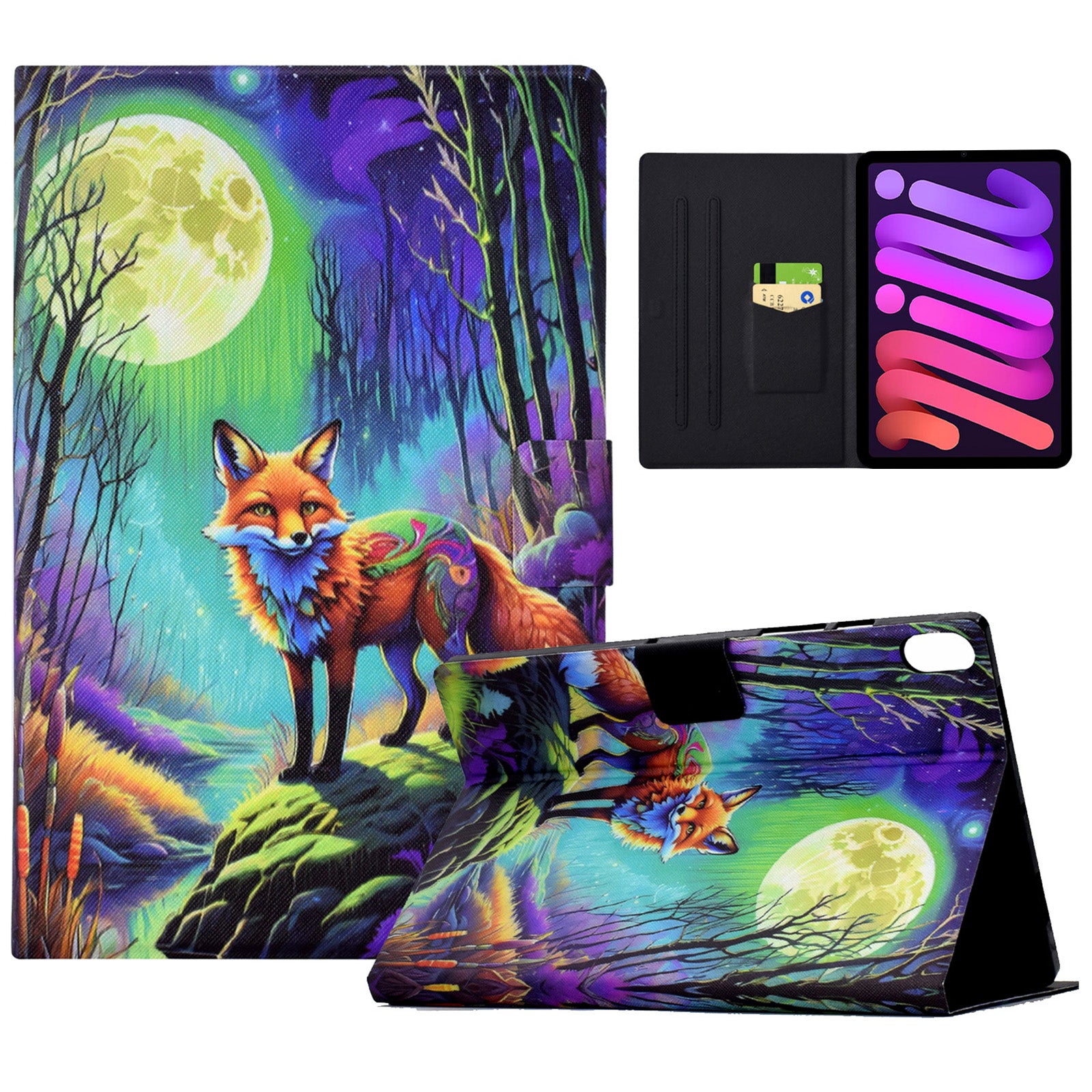 For iPad mini (2021) Case PU Leather Card Slots Tablet Cover with Auto Wake / Sleep - Moonlight Fox