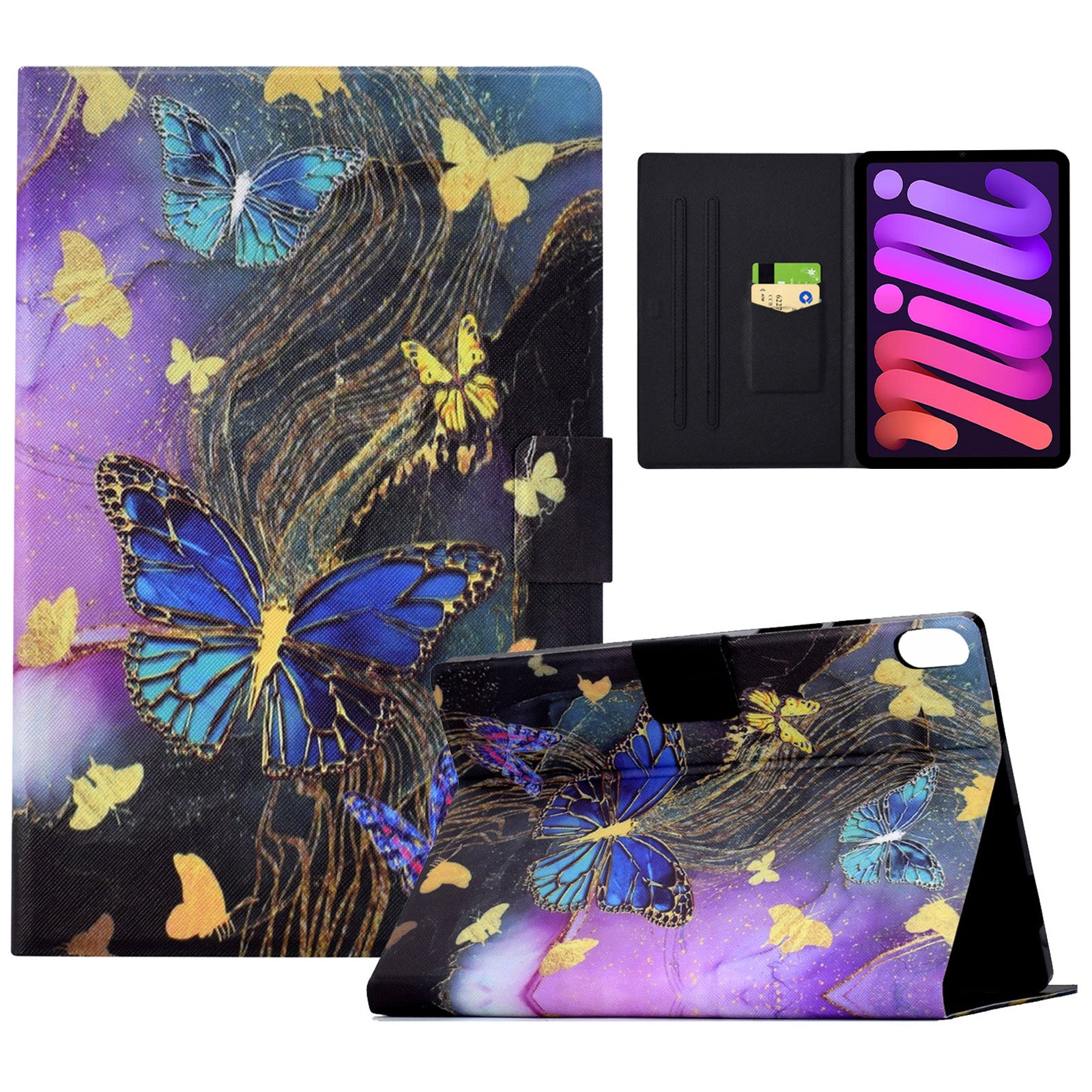 For iPad mini (2021) Case PU Leather Card Slots Tablet Cover with Auto Wake / Sleep - Golden Butterflies