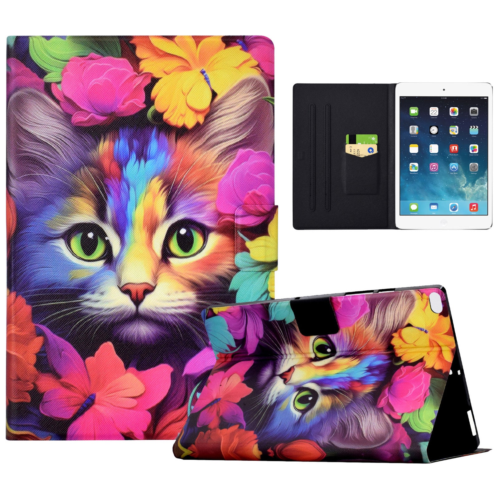 For iPad Mini / Mini 2 / mini 3 / mini 4 / mini (2019) 7.9 inch Case PU Leather Pattern Printed Cover with Card Holder - Rose Cat