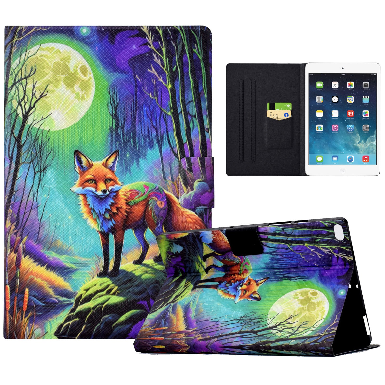 For iPad Mini / Mini 2 / mini 3 / mini 4 / mini (2019) 7.9 inch Case PU Leather Pattern Printed Cover with Card Holder - Moonlight Fox