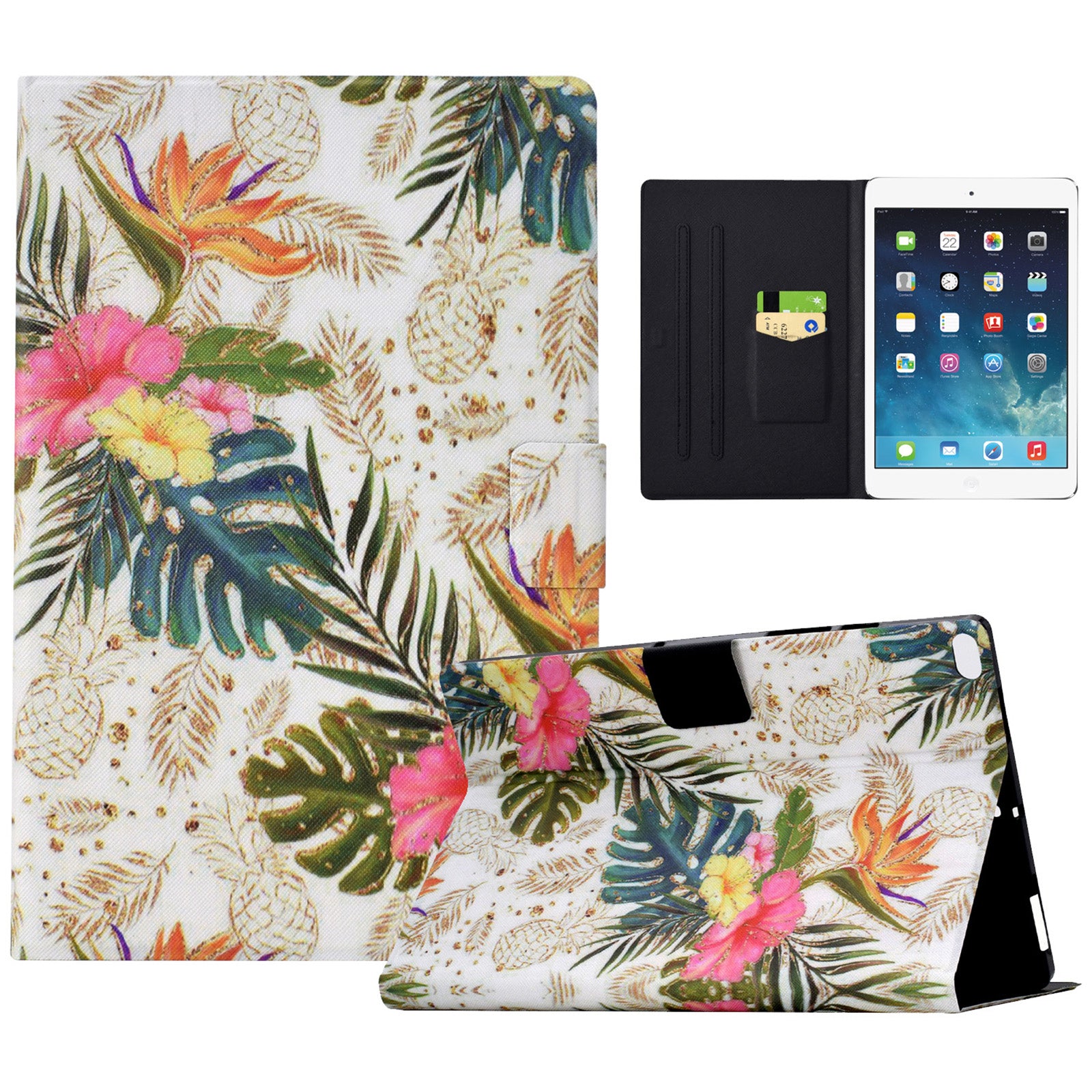 For iPad Mini / Mini 2 / mini 3 / mini 4 / mini (2019) 7.9 inch Case PU Leather Pattern Printed Cover with Card Holder - Golden Pineapple