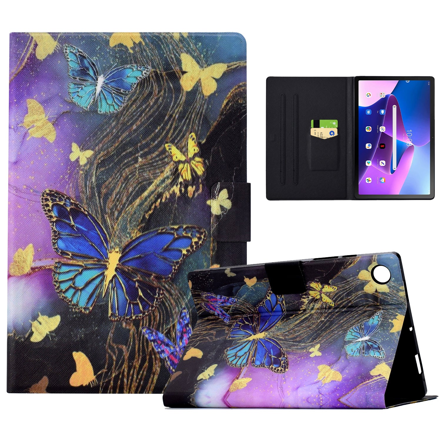 For Lenovo Tab M10 (Gen 3) Leather Tablet Case Pattern Printing Card Slot Stand Cover - Golden Butterflies