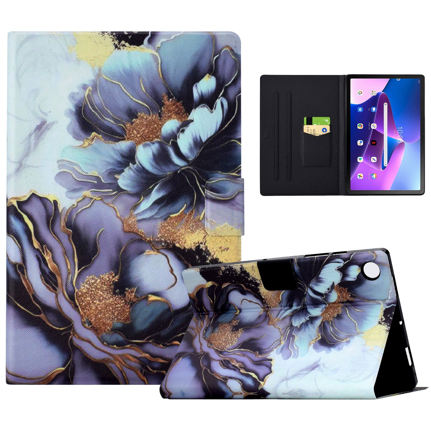 For Lenovo Tab M10 (Gen 3) Leather Tablet Case Pattern Printing Card Slot Stand Cover - Peony Flower