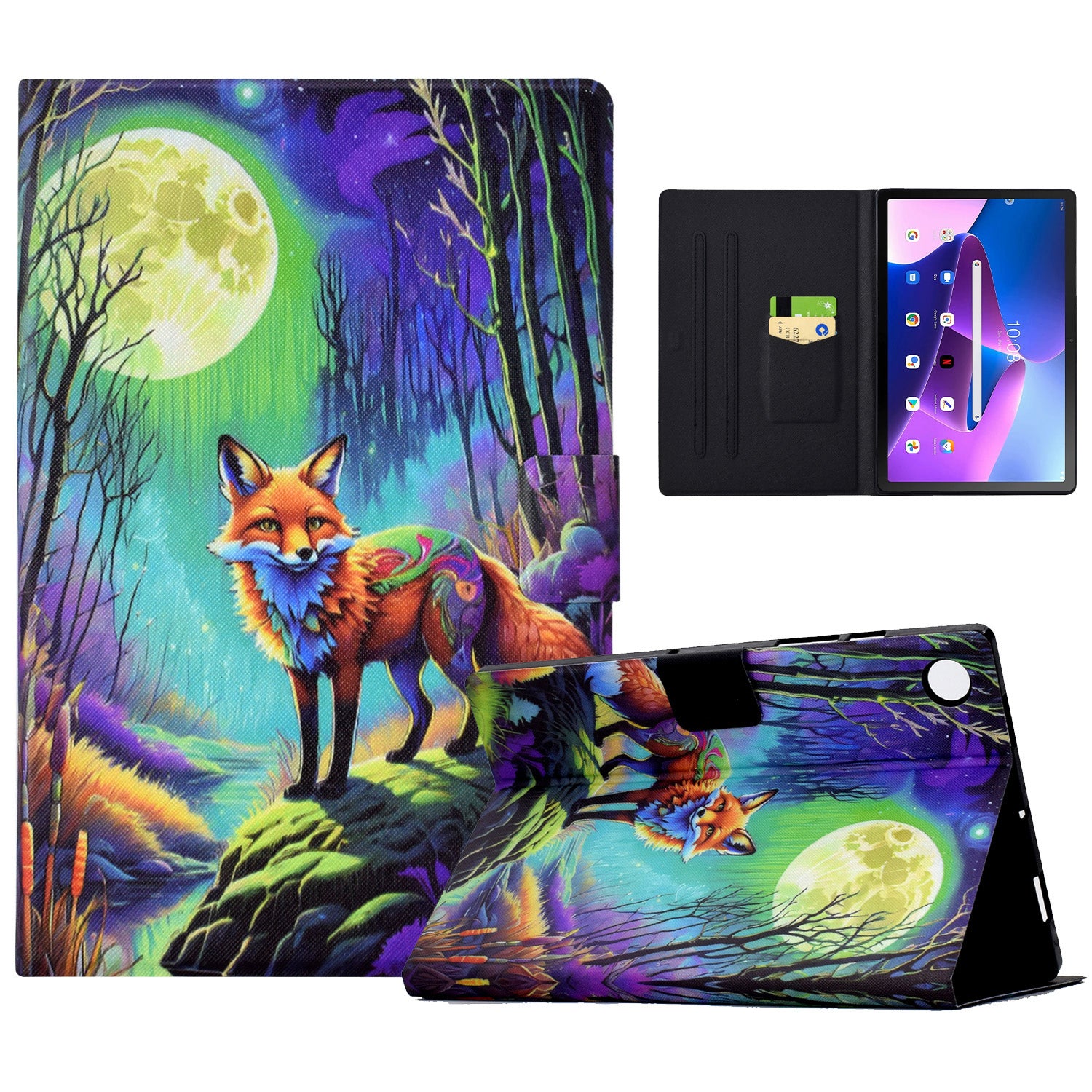 For Lenovo Tab M10 (Gen 3) Leather Tablet Case Pattern Printing Card Slot Stand Cover - Moonlight Fox