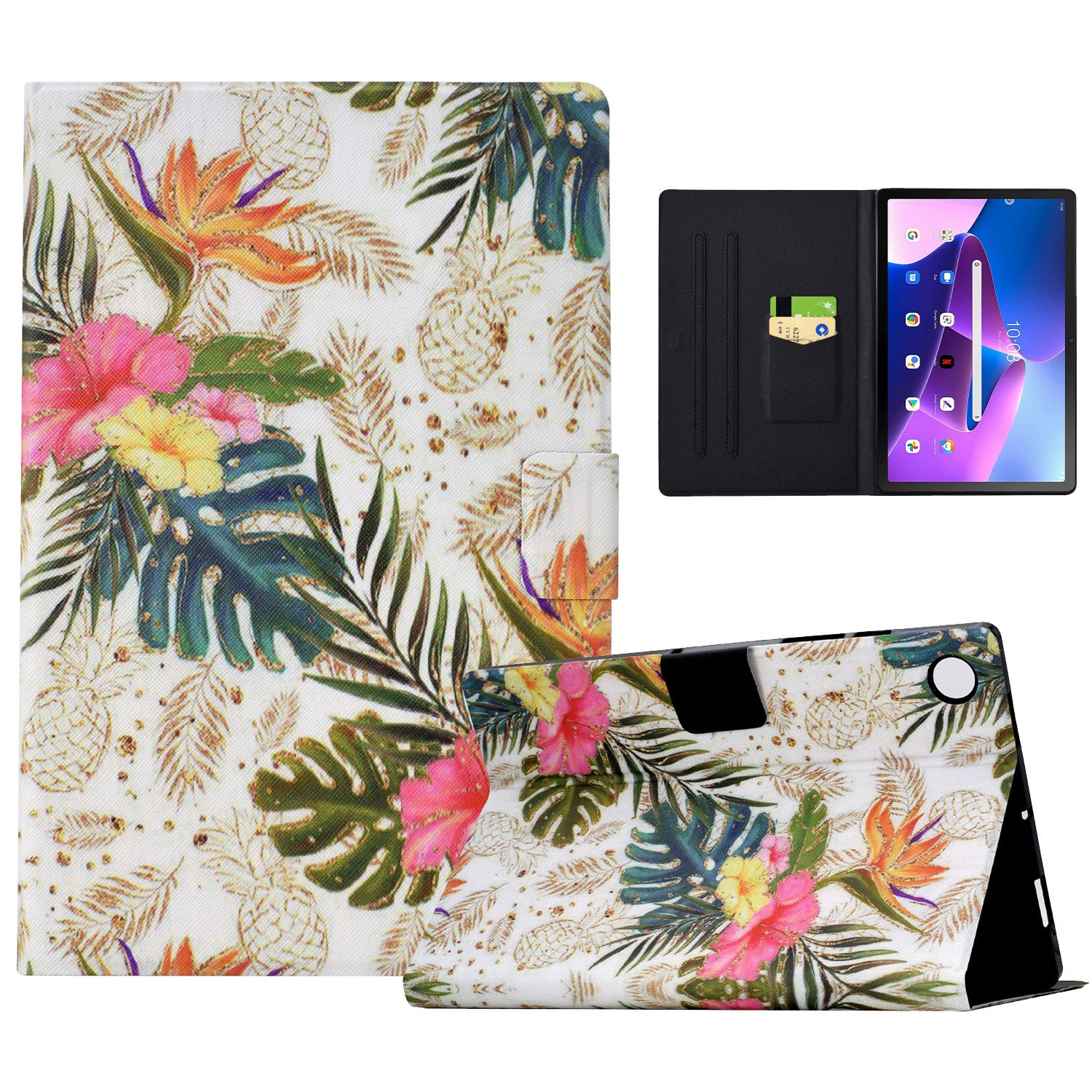 For Lenovo Tab M10 Plus (3rd Gen) Case Pattern Printed PU Leather Tablet Smart Cover with Card Holder - Golden Pineapple