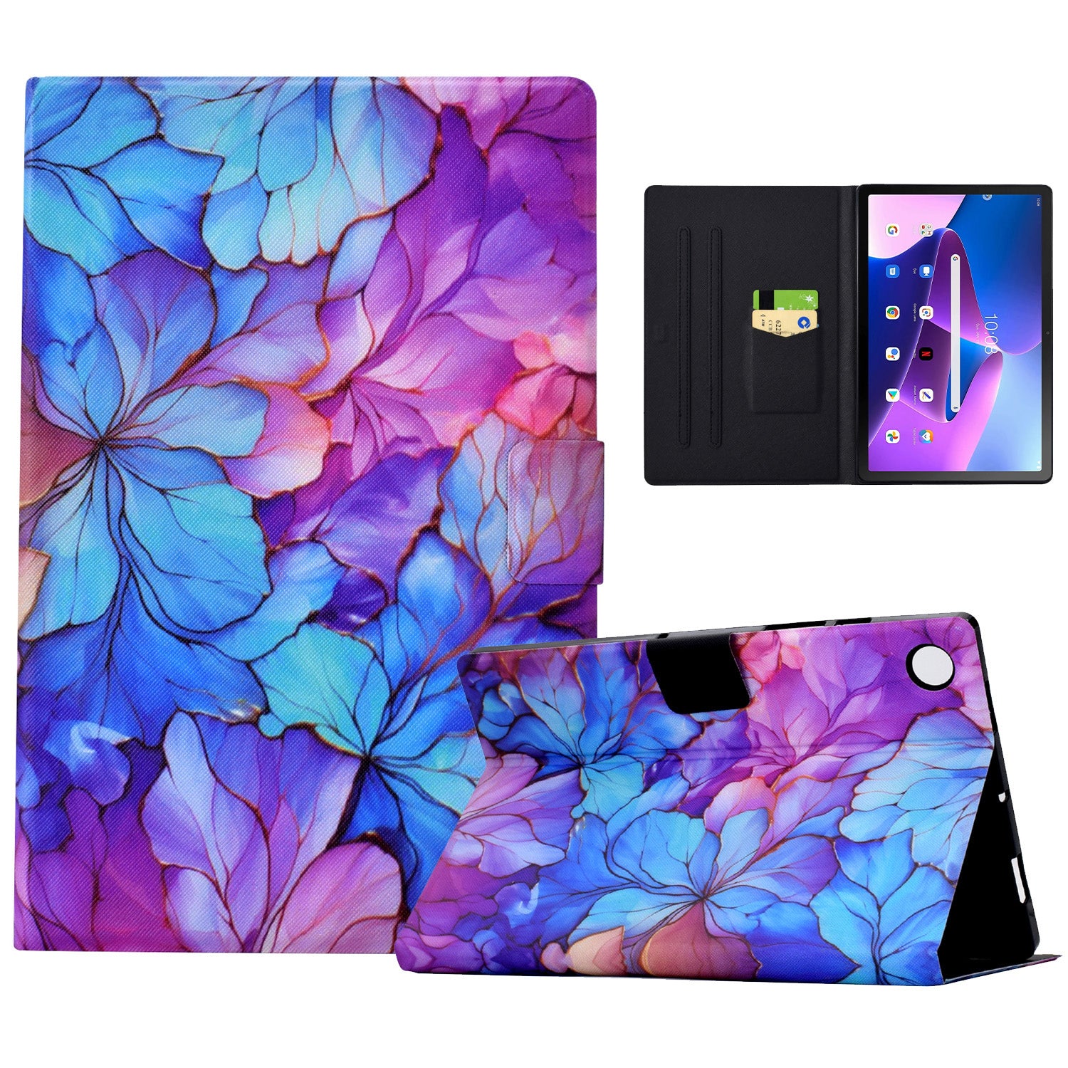 For Lenovo Tab M10 Plus (3rd Gen) Case Pattern Printed PU Leather Tablet Smart Cover with Card Holder - Petal