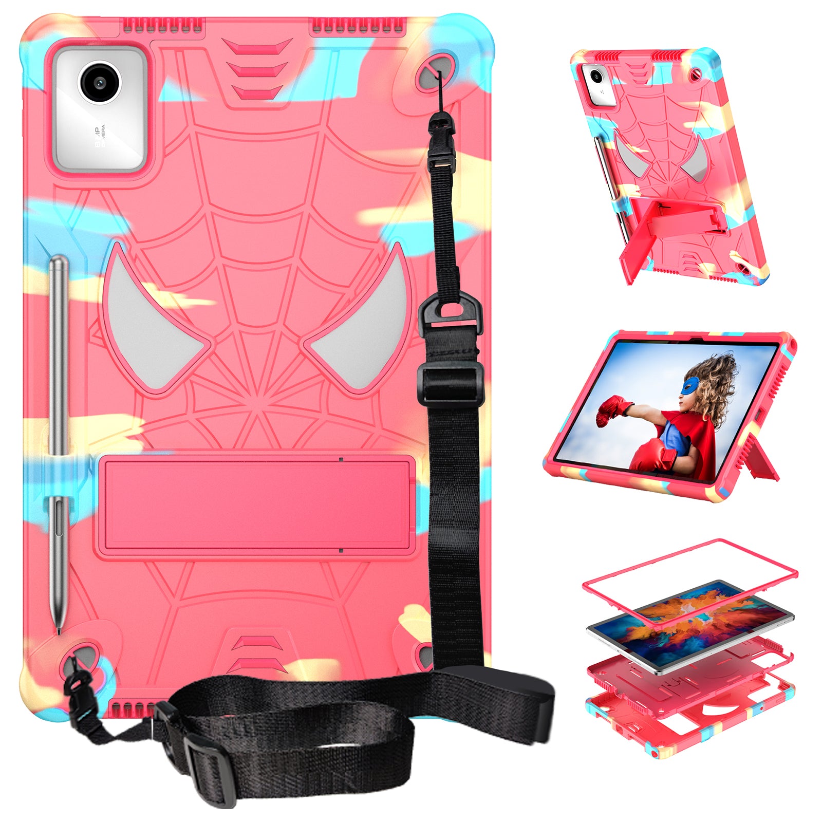 For Lenovo Tab M11 / Xiaoxin Pad 11 2024 Tablet Case Spider Design PC+Silicone Cover with Kickstand and Shoulder Strap - Camouflage+Rose Red