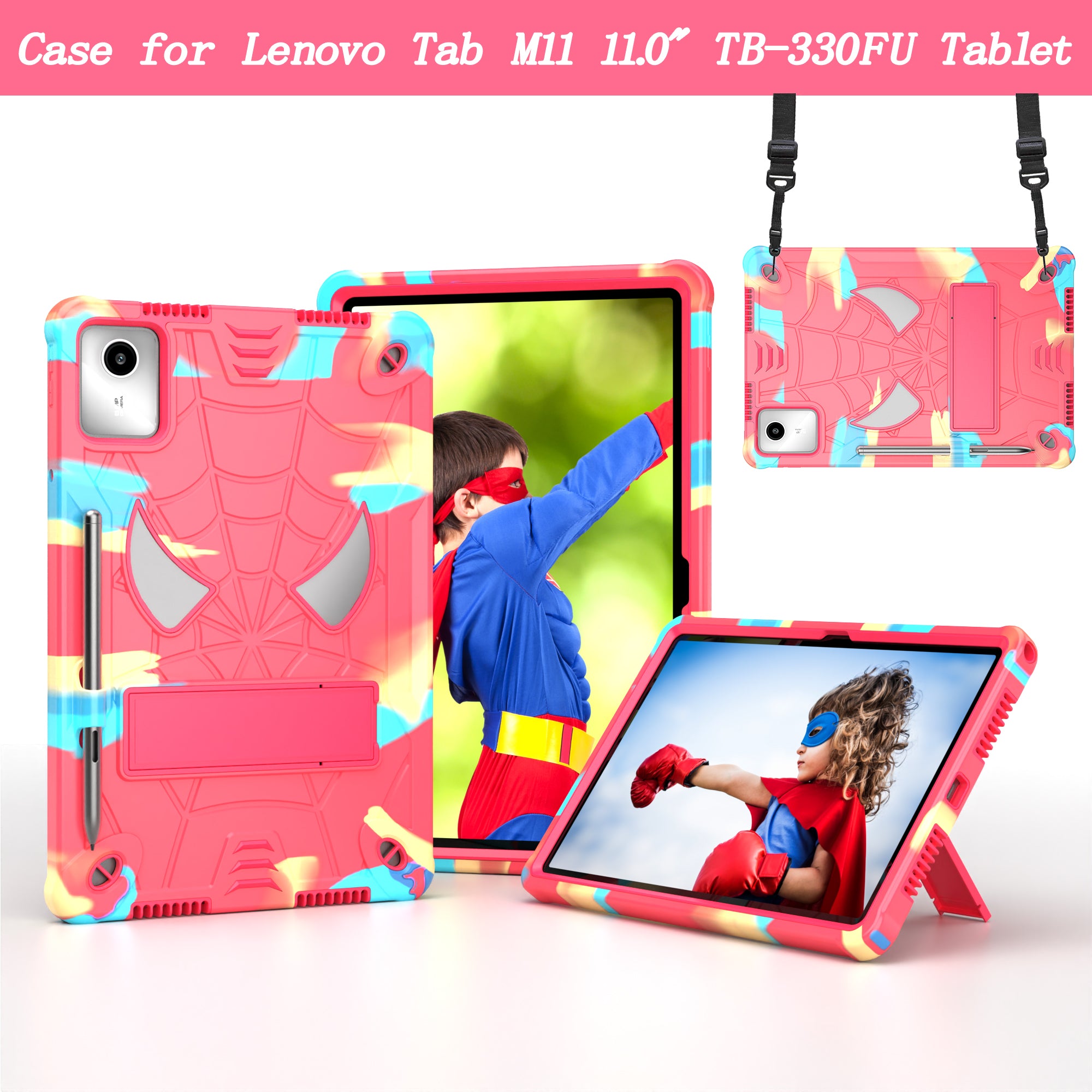 For Lenovo Tab M11 / Xiaoxin Pad 11 2024 Tablet Case Spider Design PC+Silicone Cover with Kickstand and Shoulder Strap - Camouflage+Rose Red