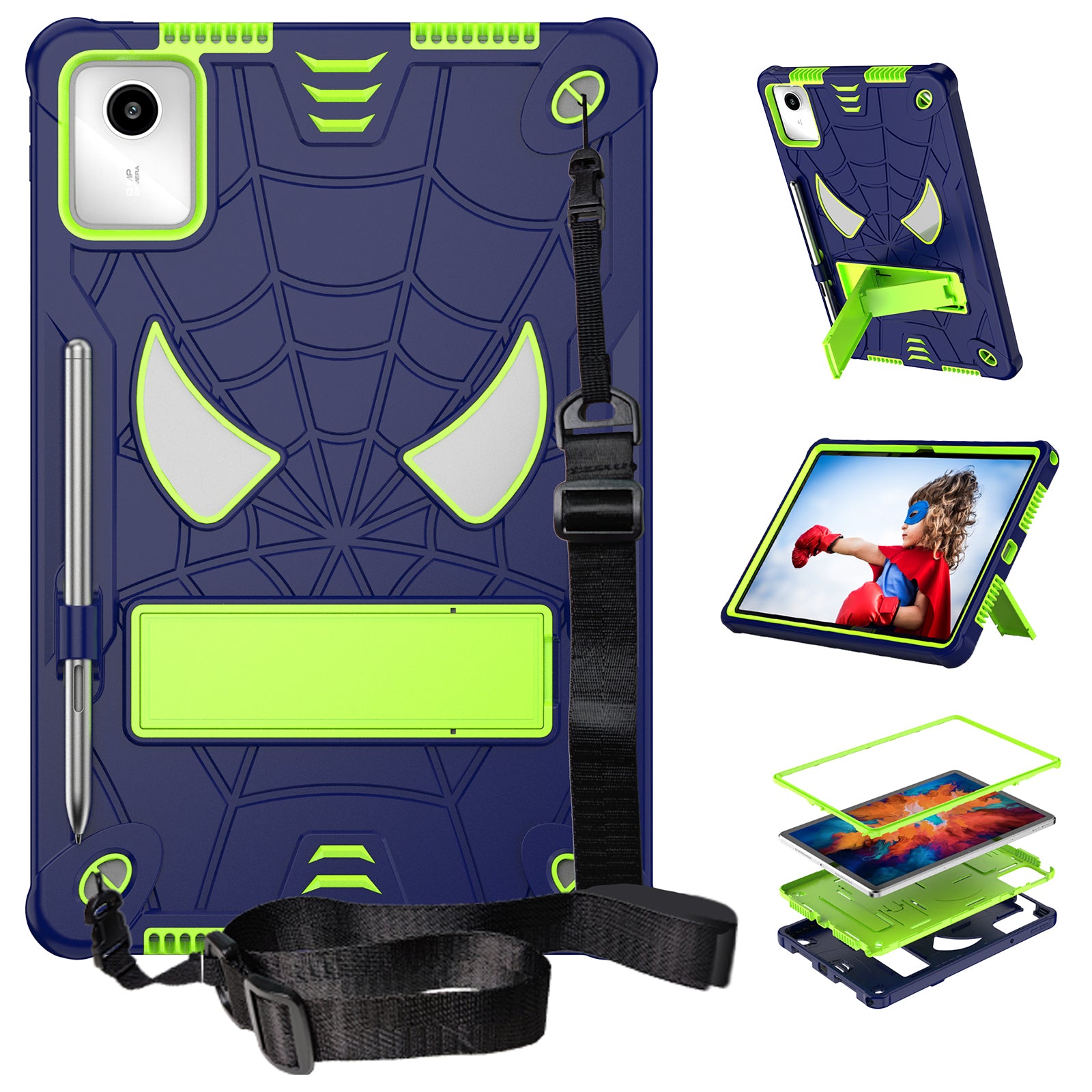 For Lenovo Tab M11 / Xiaoxin Pad 11 2024 Tablet Case Spider Design PC+Silicone Cover with Kickstand and Shoulder Strap - Navy Blue+Yellow Green