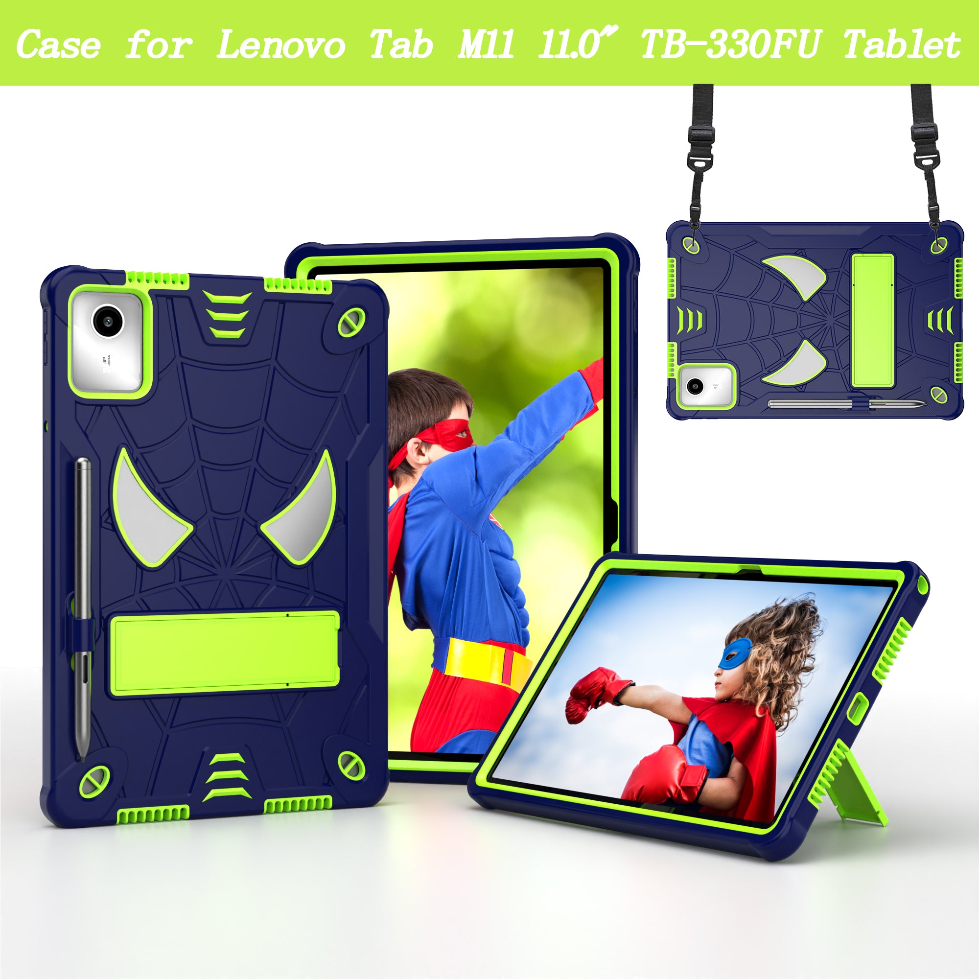 For Lenovo Tab M11 / Xiaoxin Pad 11 2024 Tablet Case Spider Design PC+Silicone Cover with Kickstand and Shoulder Strap - Navy Blue+Yellow Green